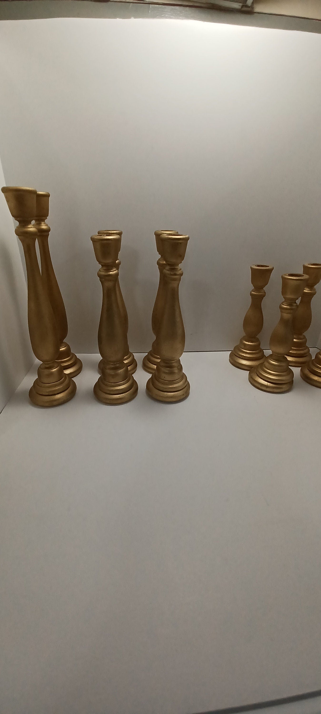 Vintage Candlestick Holders Wooden Painted Golden Brass Color 12inch 10inch 8 inch - Candlesticks - Candlestick Holders - Candles