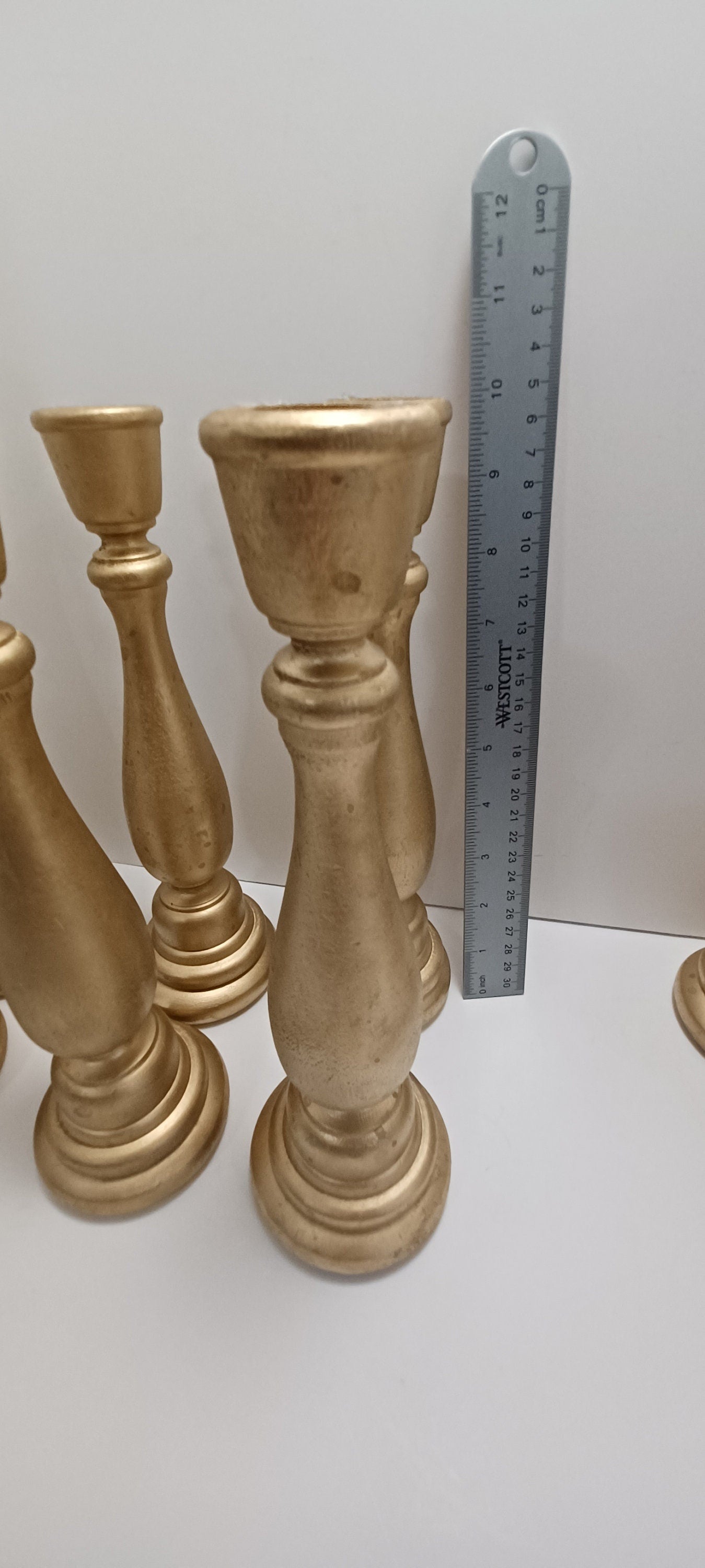 Vintage Candlestick Holders Wooden Painted Golden Brass Color 12inch 10inch 8 inch - Candlesticks - Candlestick Holders - Candles