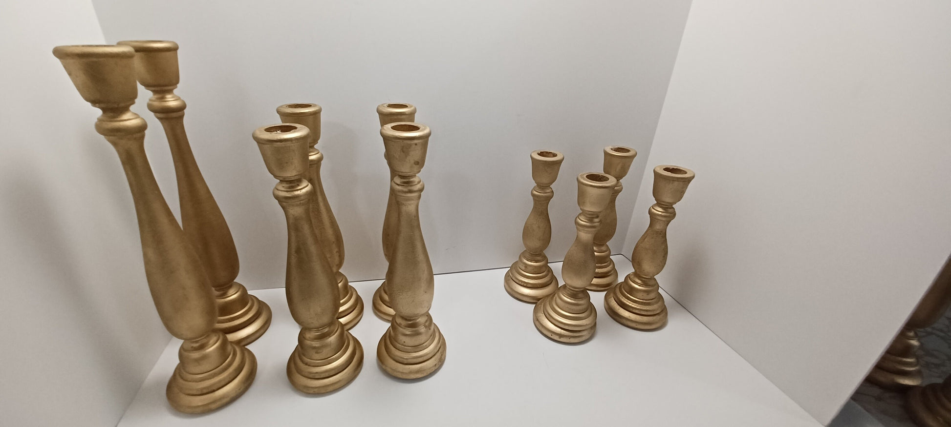 Vintage Candlestick Holders Wooden Painted Golden Brass Color 12inch 10inch 8 inch - Candlesticks - Candlestick Holders - Candles