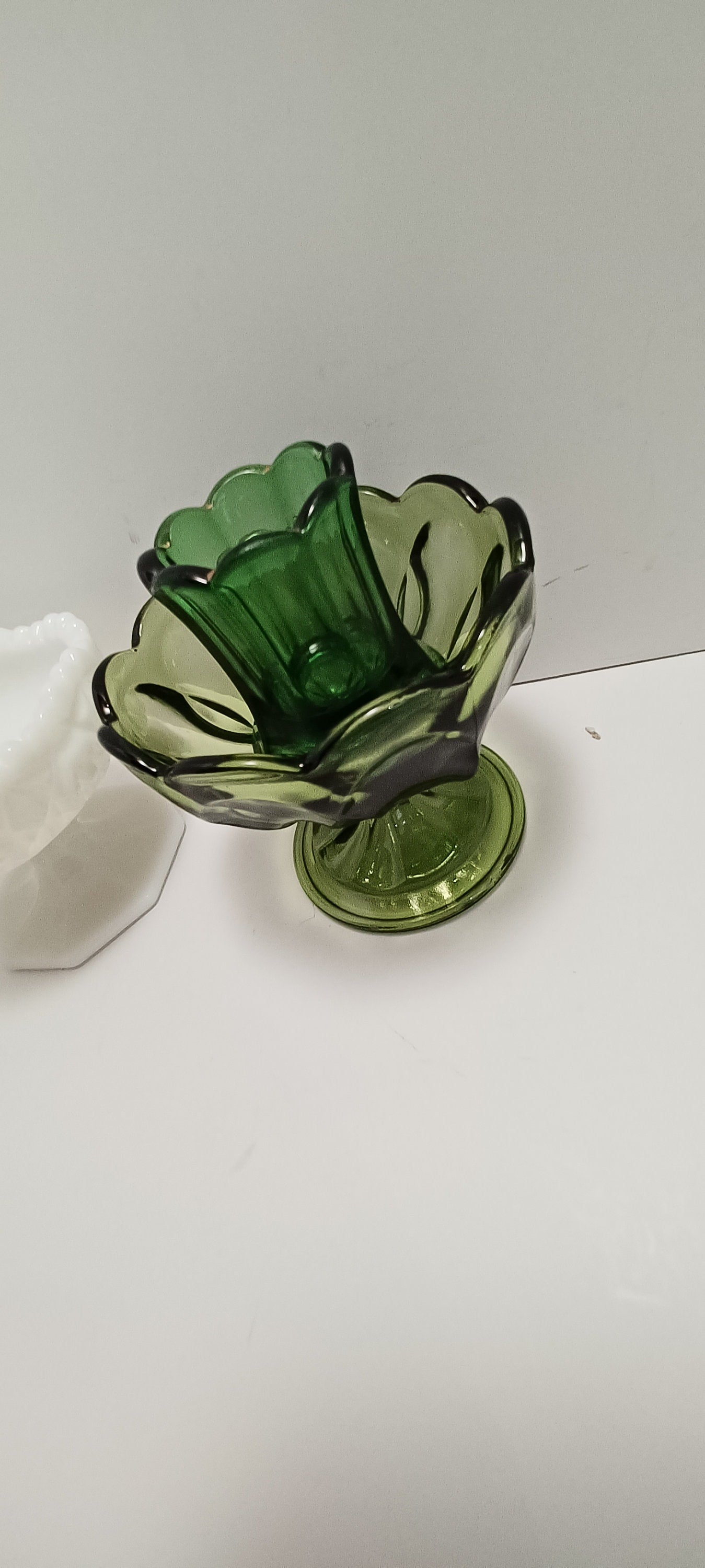 Footed Pedestal Bowl Green Glass Scalloped Edge and Teardrop Side - Candleholders - Candles - Pedestal Bowl - Bowls - Candy Dish