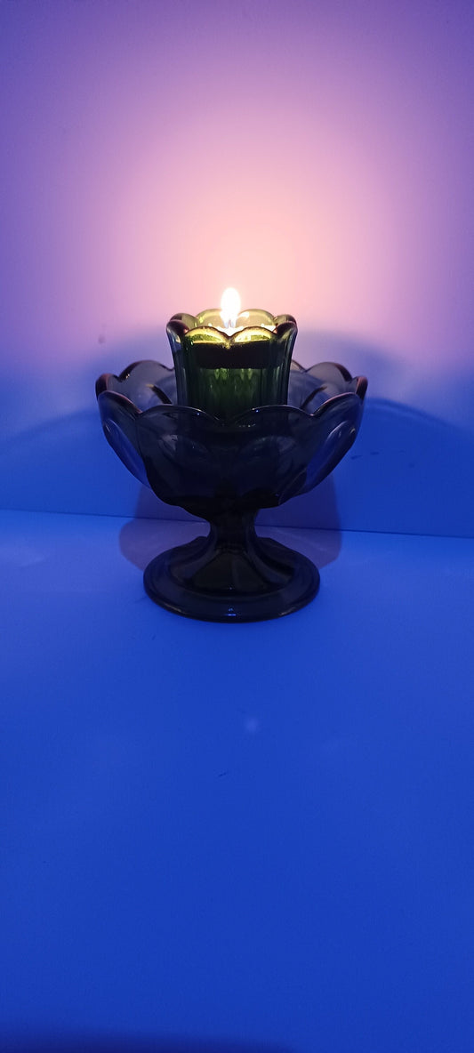 Footed Pedestal Bowl Green Glass Scalloped Edge and Teardrop Side - Candleholders - Candles - Pedestal Bowl - Bowls - Candy Dish