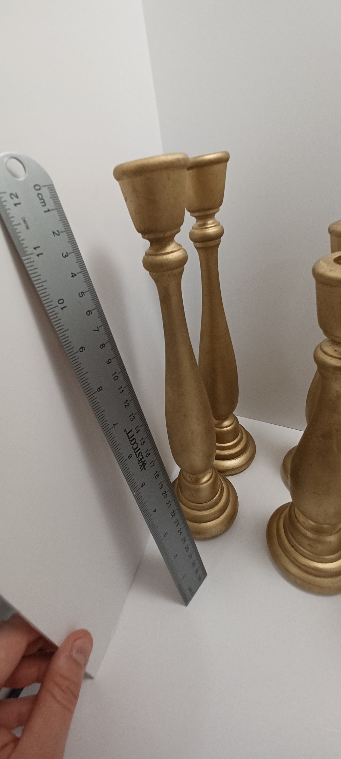 Vintage Candlestick Holders Wooden Painted Golden Brass Color 12inch 10inch 8 inch - Candlesticks - Candlestick Holders - Candles