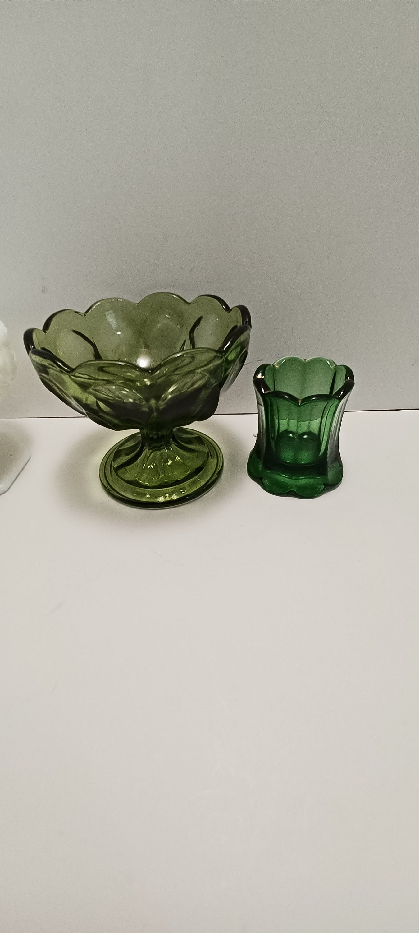 Footed Pedestal Bowl Green Glass Scalloped Edge and Teardrop Side - Candleholders - Candles - Pedestal Bowl - Bowls - Candy Dish
