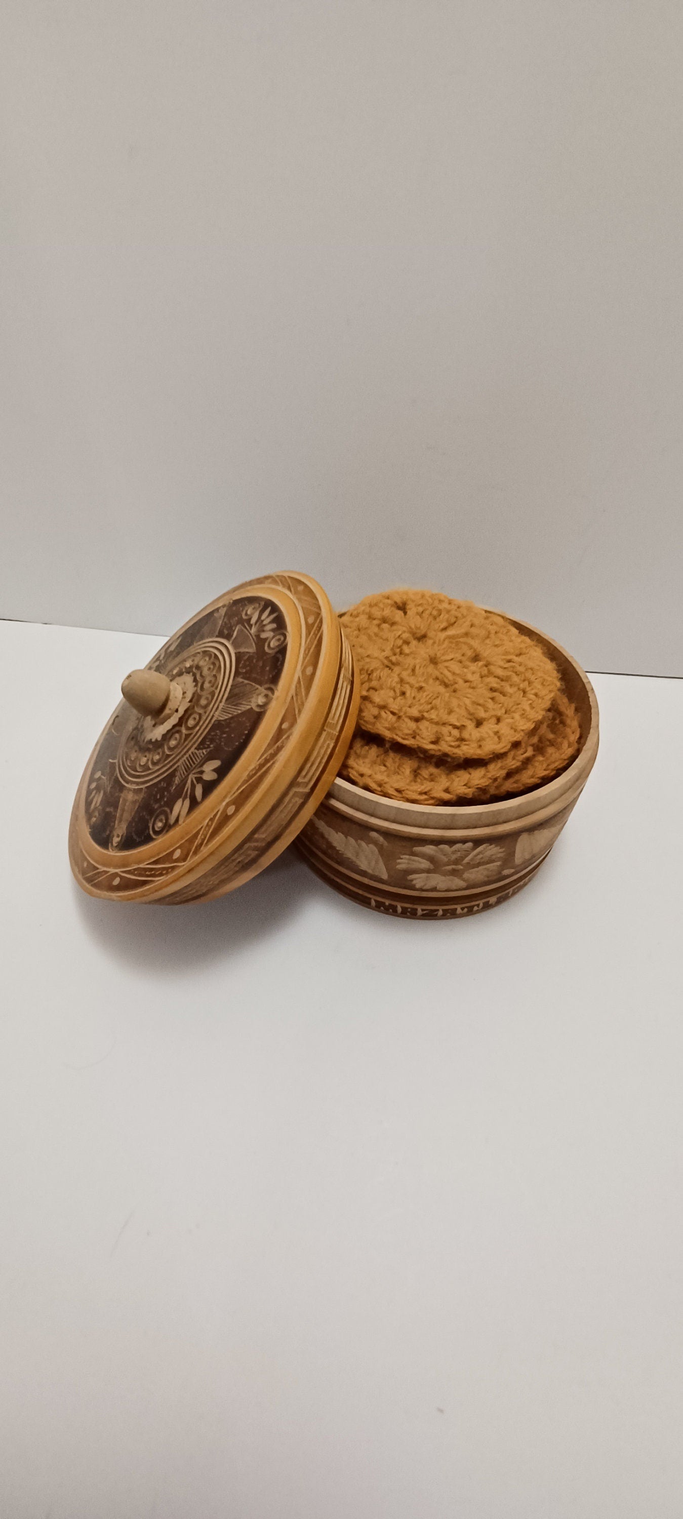 Vintage Wood Carved Trinket Box Bark Box With Crochet Washable Coasters - Crochet - Coasters - Bark Box - Carved Wood - Trinket Box