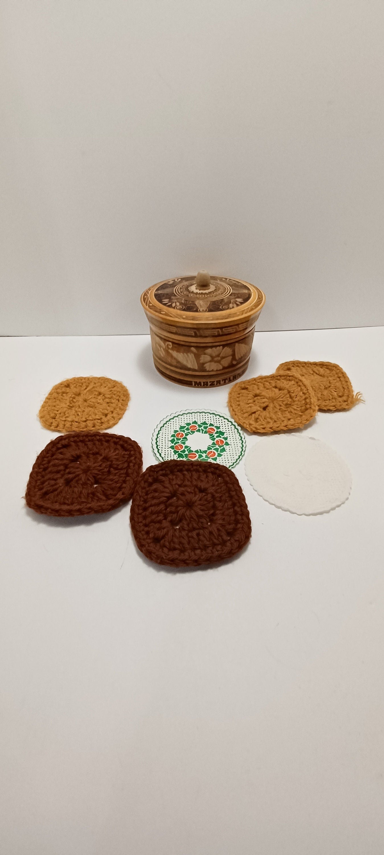 Vintage Wood Carved Trinket Box Bark Box With Crochet Washable Coasters - Crochet - Coasters - Bark Box - Carved Wood - Trinket Box
