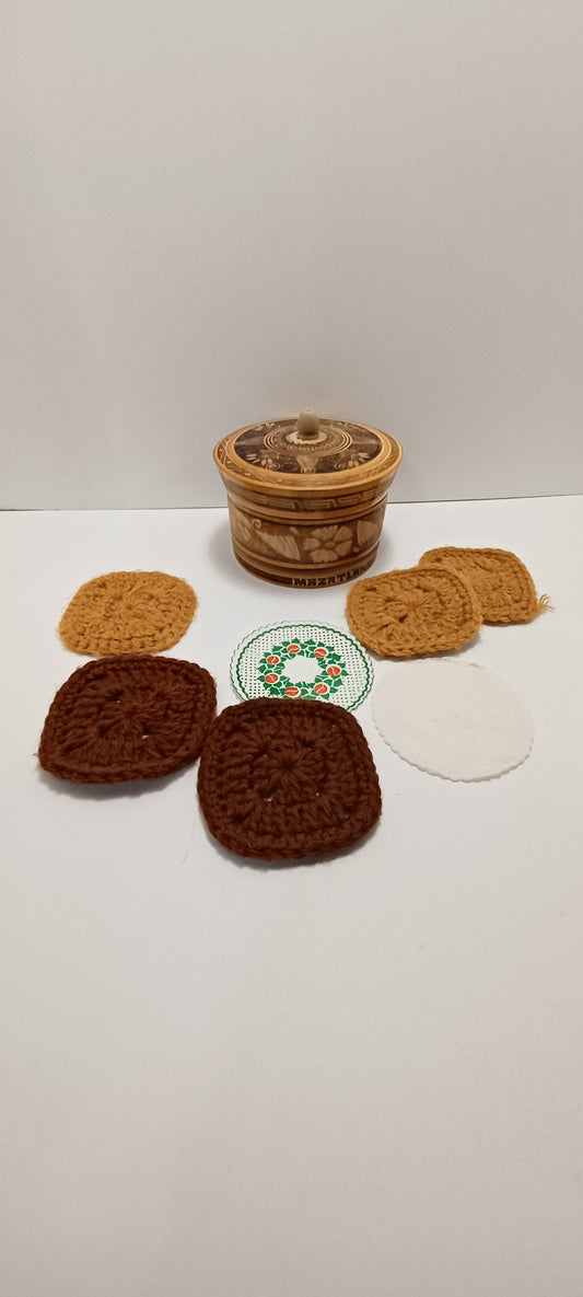 Vintage Wood Carved Trinket Box Bark Box With Crochet Washable Coasters - Crochet - Coasters - Bark Box - Carved Wood - Trinket Box
