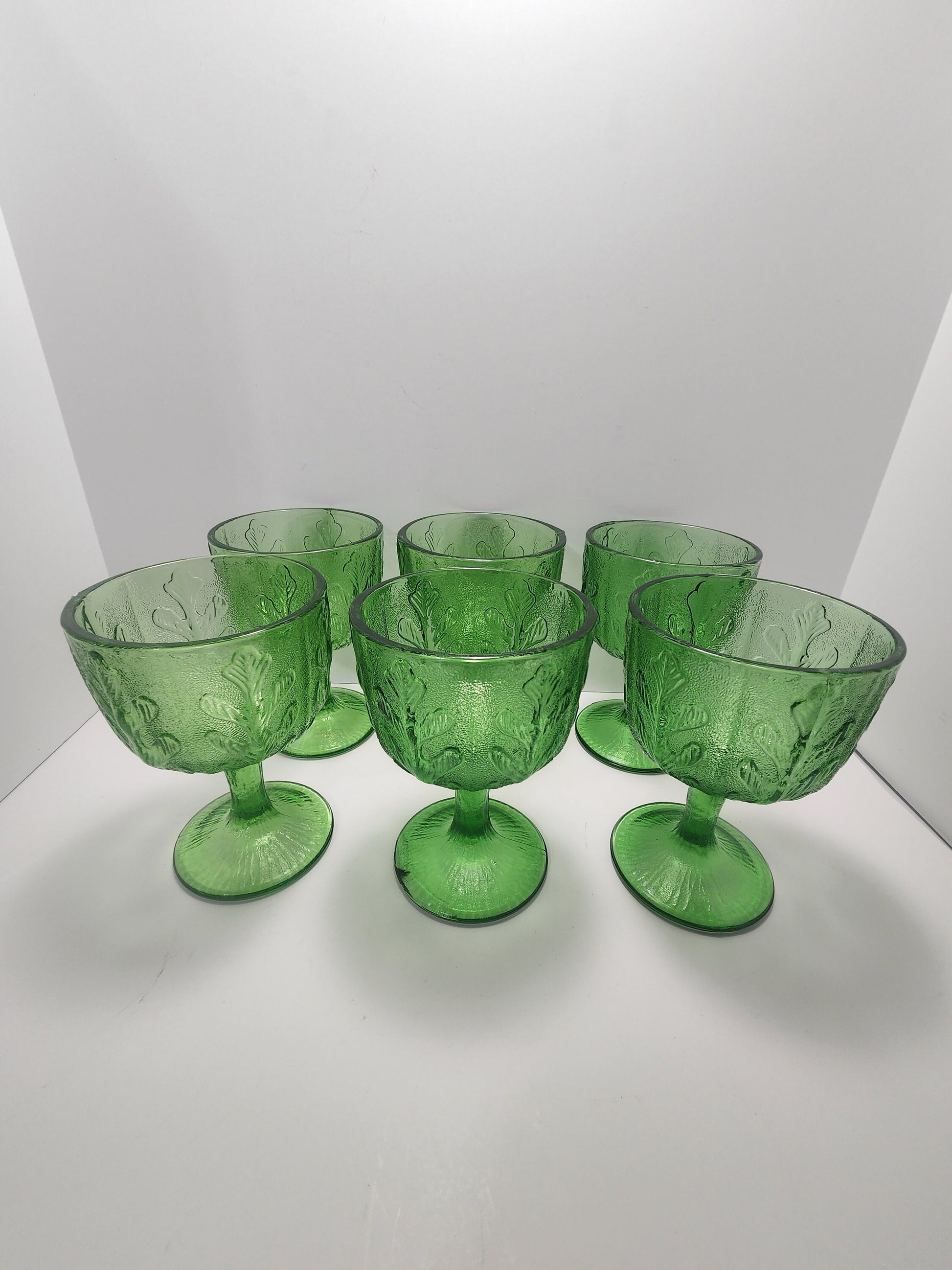 1975 FTD Green Leaf Patteren Pedestal Bowl Candy Dish Glass Goblet - Goblet - Green Glass - Pedestal Glass - FTD - Ftd Glass -Vintage Glass