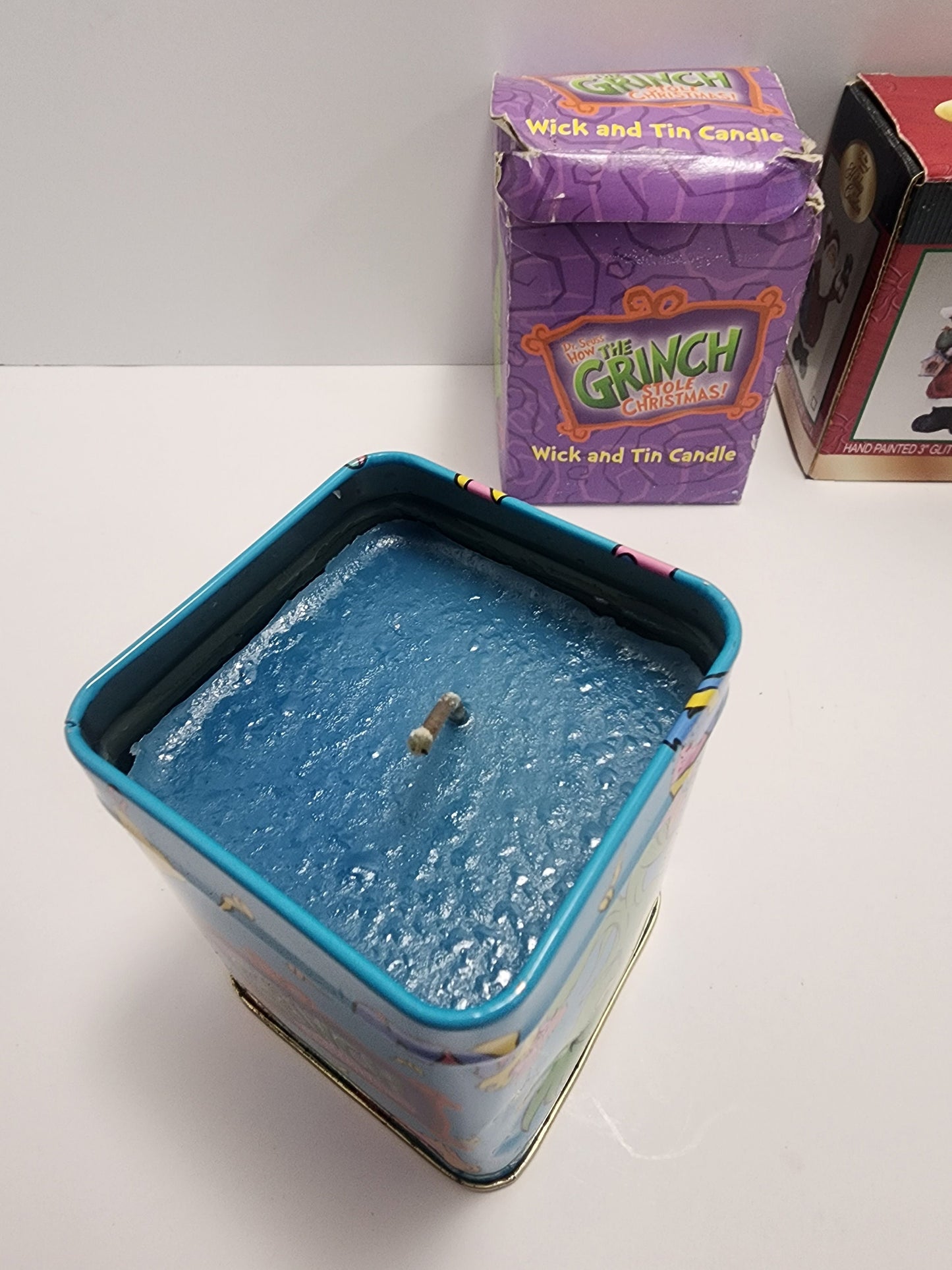 Hand Painted 3" Glitter Coat Santa Figure - 2000 Dr Suess Wick and Tin Candle - Tins - Dr Seuss - The Grinch - Santa - Christmas - Candle