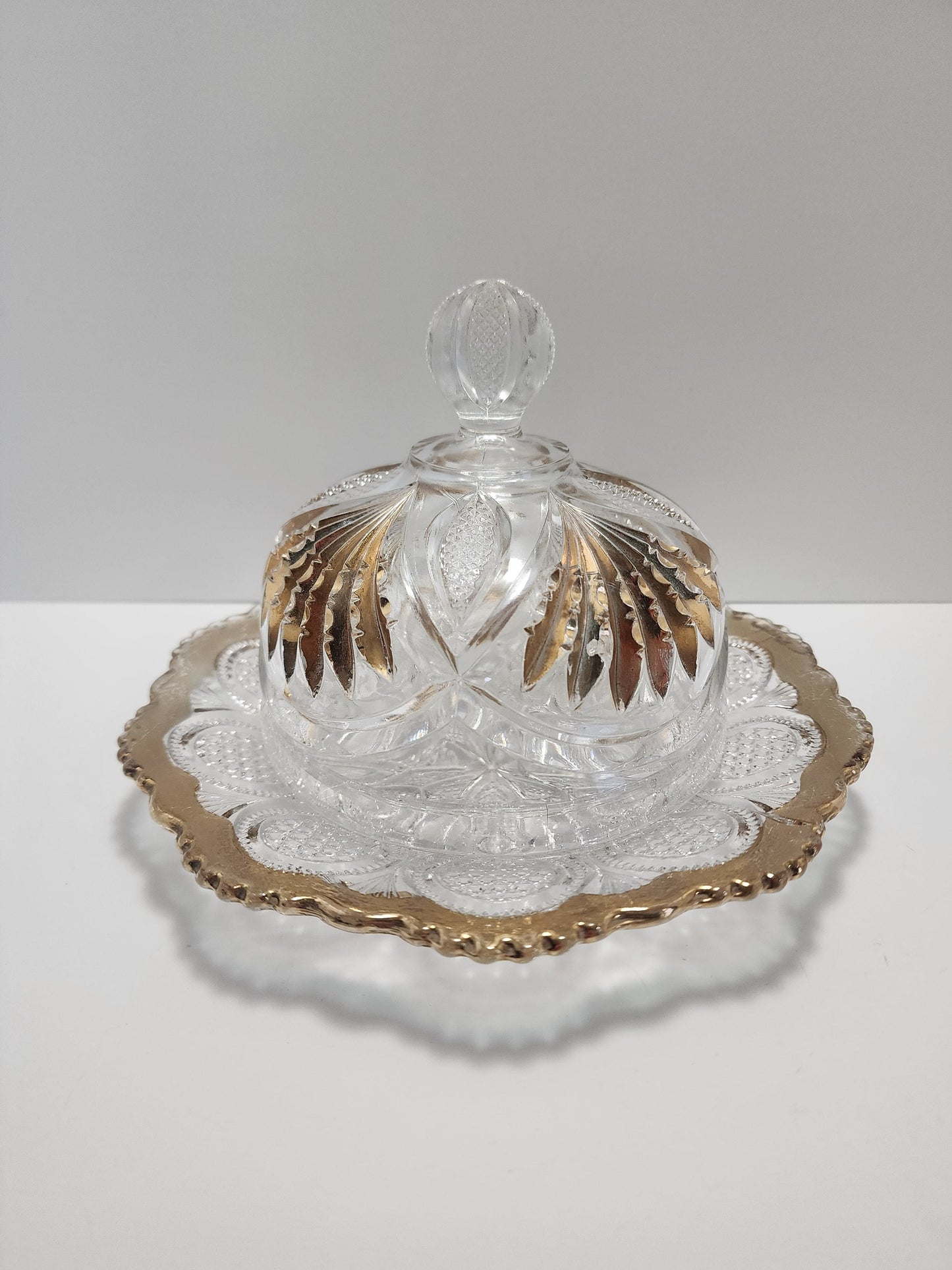 Cut Glass Vintage Domed Butter or Candy Dish Crystal Glass With Gold Accents - Candy Dish - Butter Dish - Cut Glass - Gold Glass - Glass