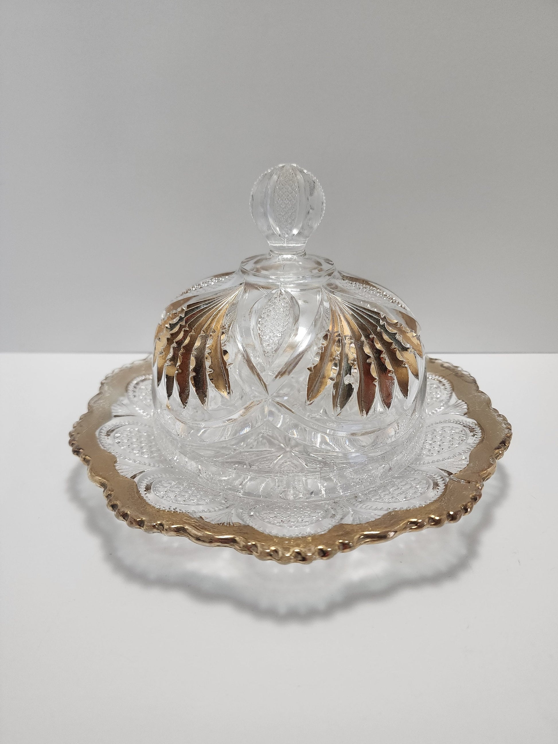 Cut Glass Vintage Domed Butter or Candy Dish Crystal Glass With Gold Accents - Candy Dish - Butter Dish - Cut Glass - Gold Glass - Glass