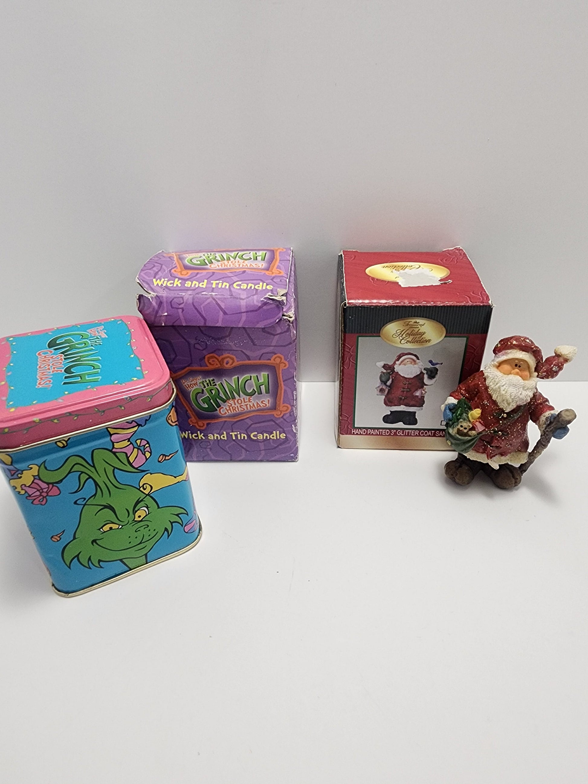 Hand Painted 3" Glitter Coat Santa Figure - 2000 Dr Suess Wick and Tin Candle - Tins - Dr Seuss - The Grinch - Santa - Christmas - Candle