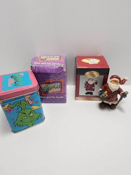 Hand Painted 3" Glitter Coat Santa Figure - 2000 Dr Suess Wick and Tin Candle - Tins - Dr Seuss - The Grinch - Santa - Christmas - Candle