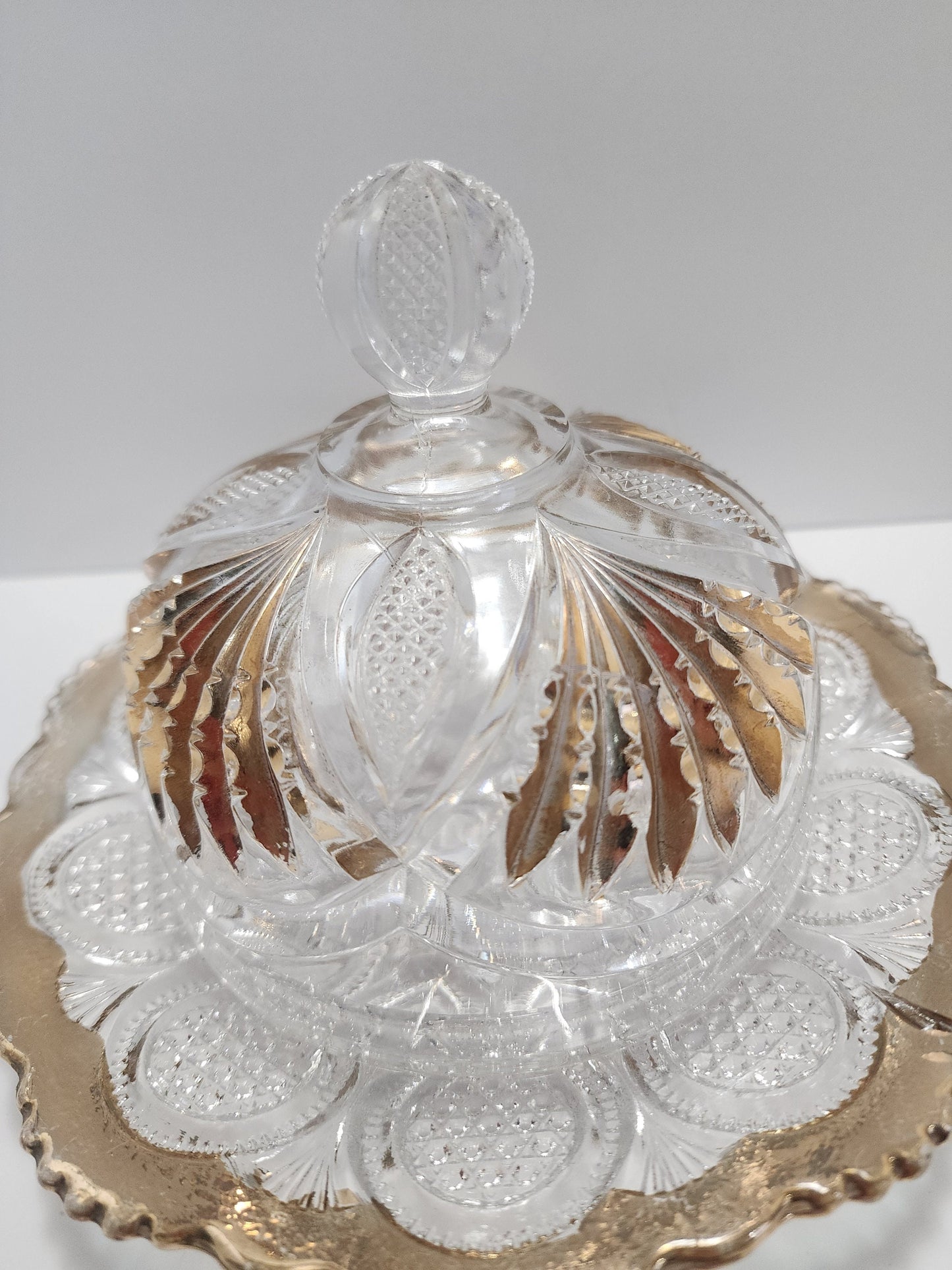 Cut Glass Vintage Domed Butter or Candy Dish Crystal Glass With Gold Accents - Candy Dish - Butter Dish - Cut Glass - Gold Glass - Glass