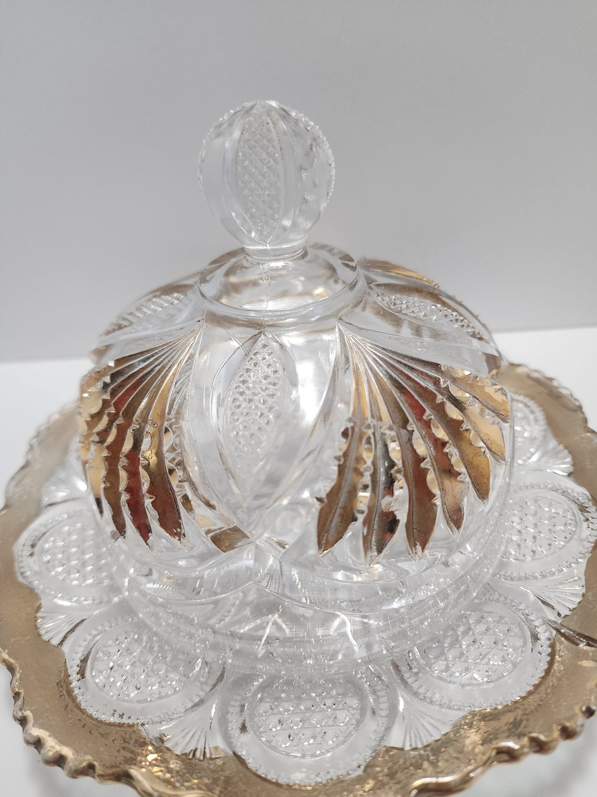Cut Glass Vintage Domed Butter or Candy Dish Crystal Glass With Gold Accents - Candy Dish - Butter Dish - Cut Glass - Gold Glass - Glass