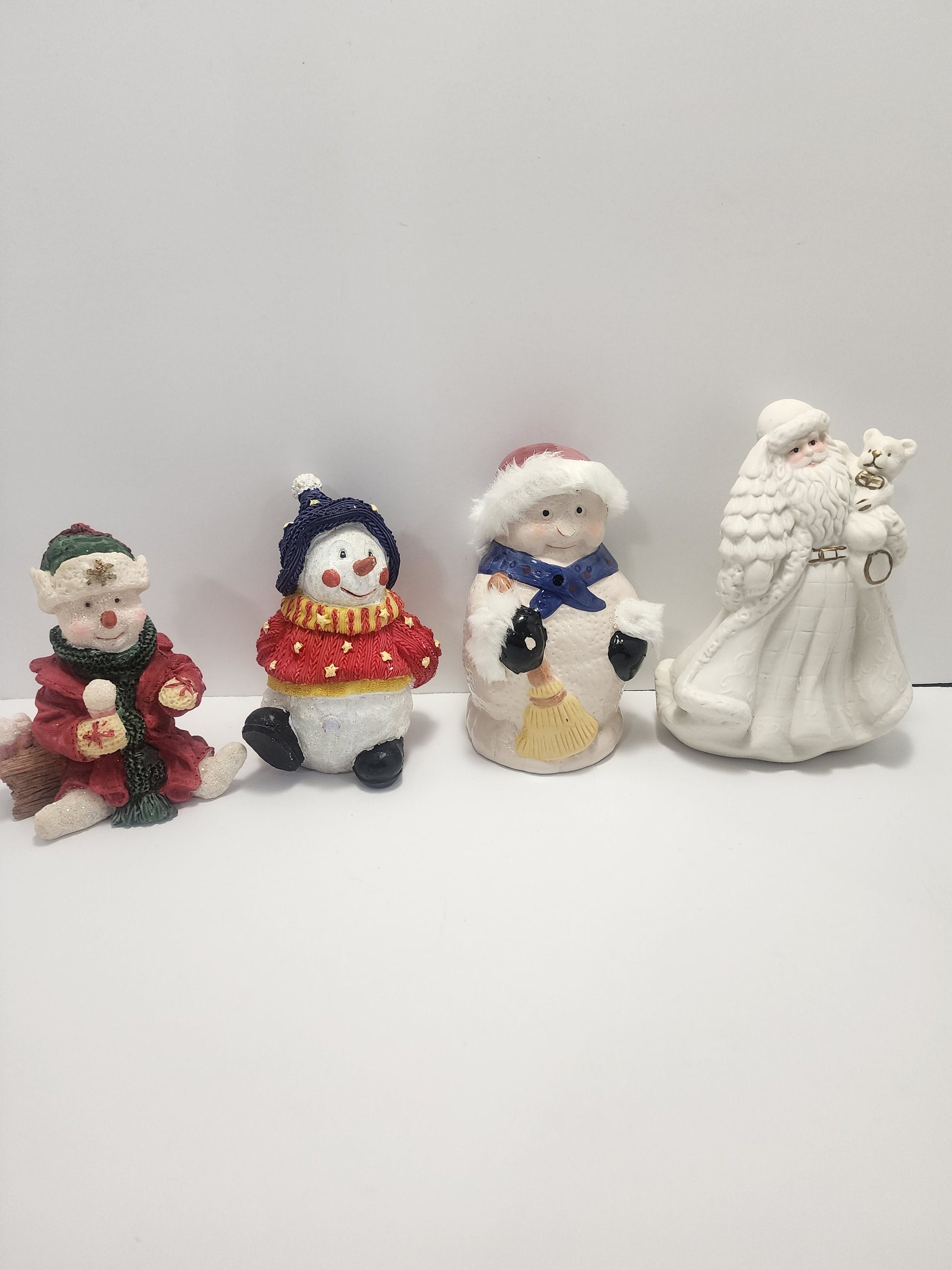 Santa Claus Porcelain Vintage Figure and 3 Snowman Vintage Figures - Snowman - Santa - Santa Claus - Christmas Figurines - Porcelain Santa