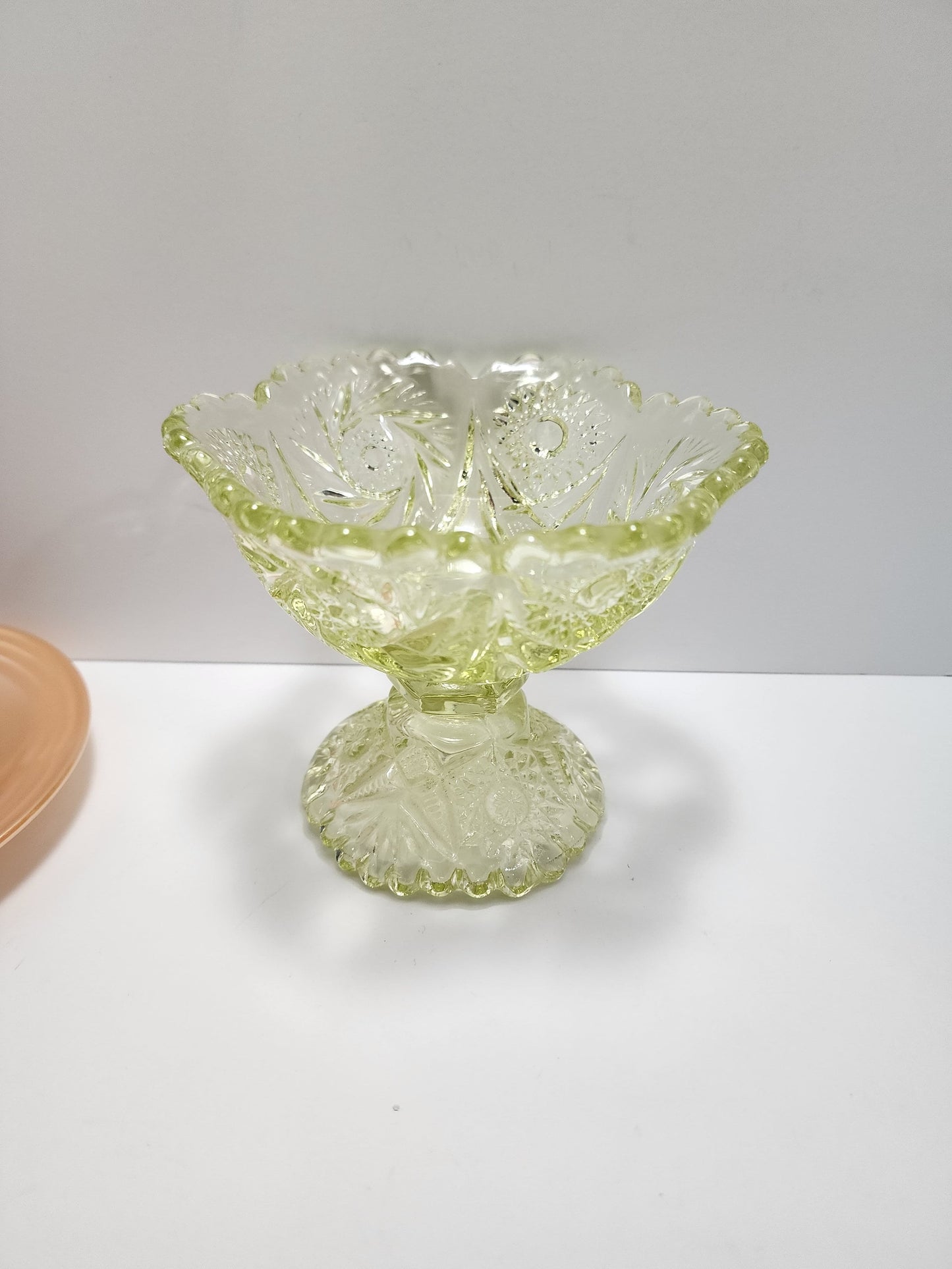 Imperial 1915 Art Cut Glass Neon Jelly Glass and Orange Depression Cup with Saucer - Depression Glass - Jelly Nut - Candy Dish - Glass