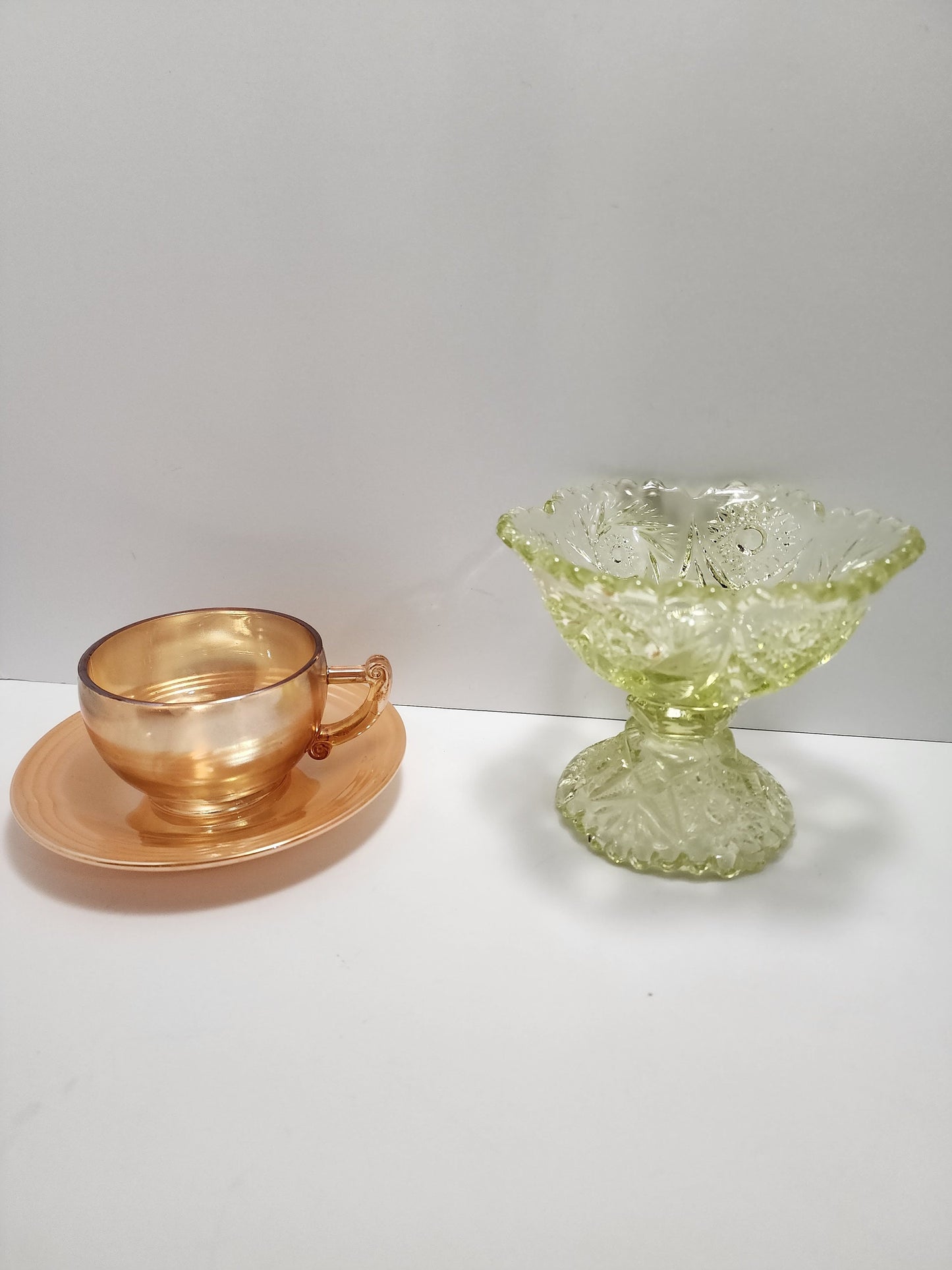 Imperial 1915 Art Cut Glass Neon Jelly Glass and Orange Depression Cup with Saucer - Depression Glass - Jelly Nut - Candy Dish - Glass