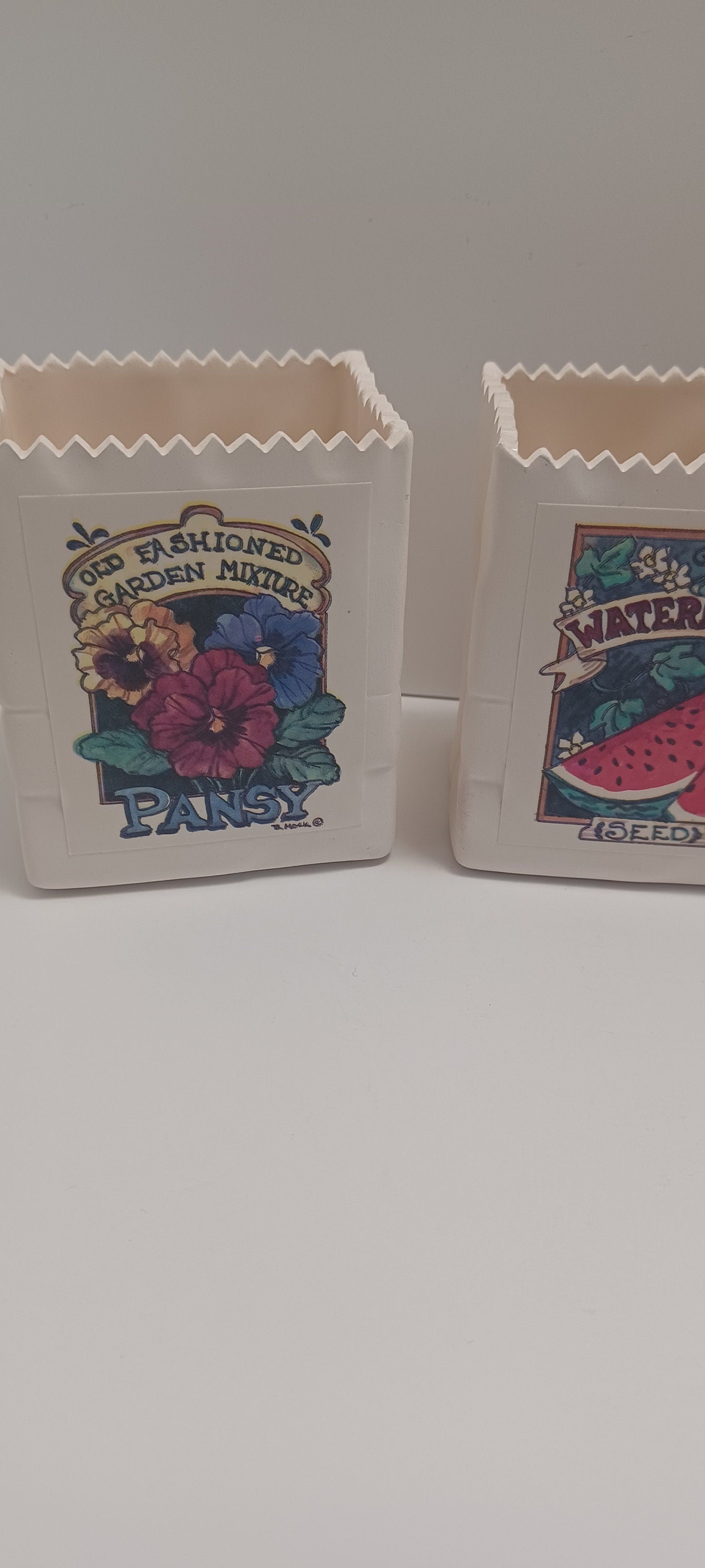 Ceramic Vintage Seed Bag Trinket Boxes - Watermelon Seeds - Seeds - Pansy Seeds - Seed bag- Trinket Box - Ceramic Holder - Plants - Garden