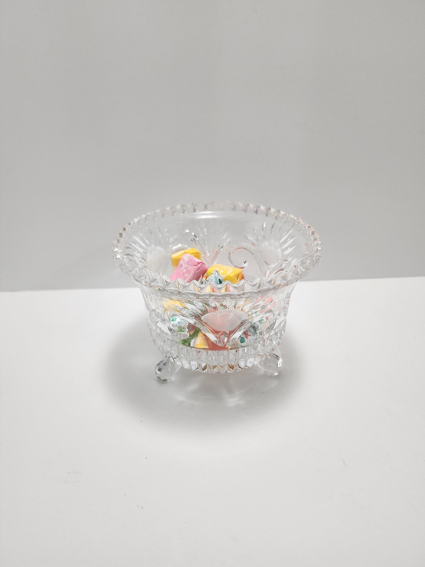 Crystal Footed Candy Bowl - Etched Glass - Candy Dish - Potpourri Bowl - Cut Glass Bowl - Vintage Glass - Footed Dish - Glass Dish
