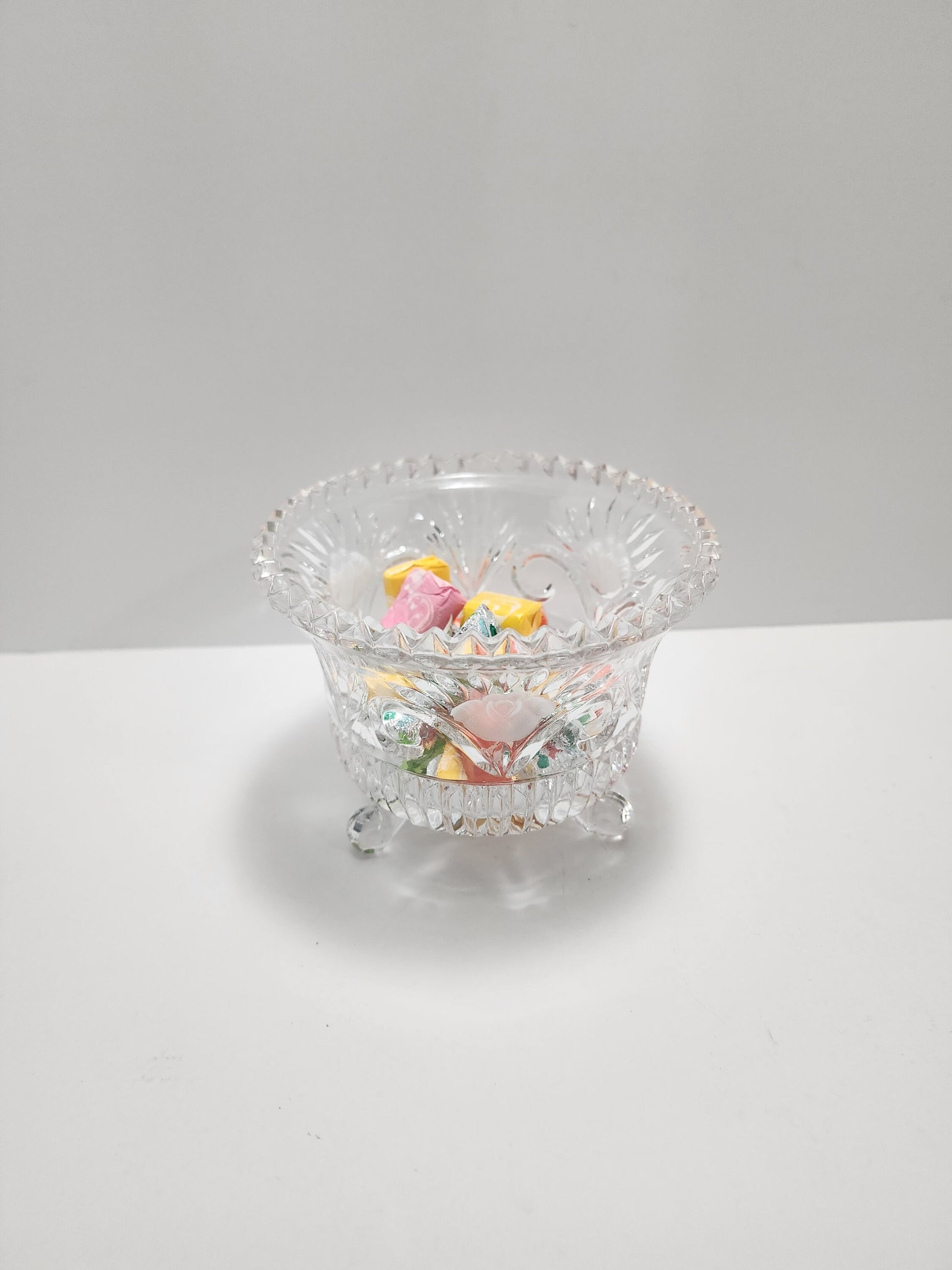 Crystal Footed Candy Bowl - Etched Glass - Candy Dish - Potpourri Bowl - Cut Glass Bowl - Vintage Glass - Footed Dish - Glass Dish