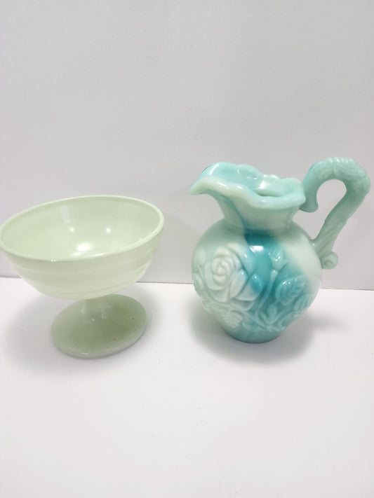 Avon Vintage Bath Oil Jug and Glass Dish Hazel Custard Dish - Vintage Glass - Dish - Avon - Bath Oil - Accent - Jugs - Vintage Glassware!