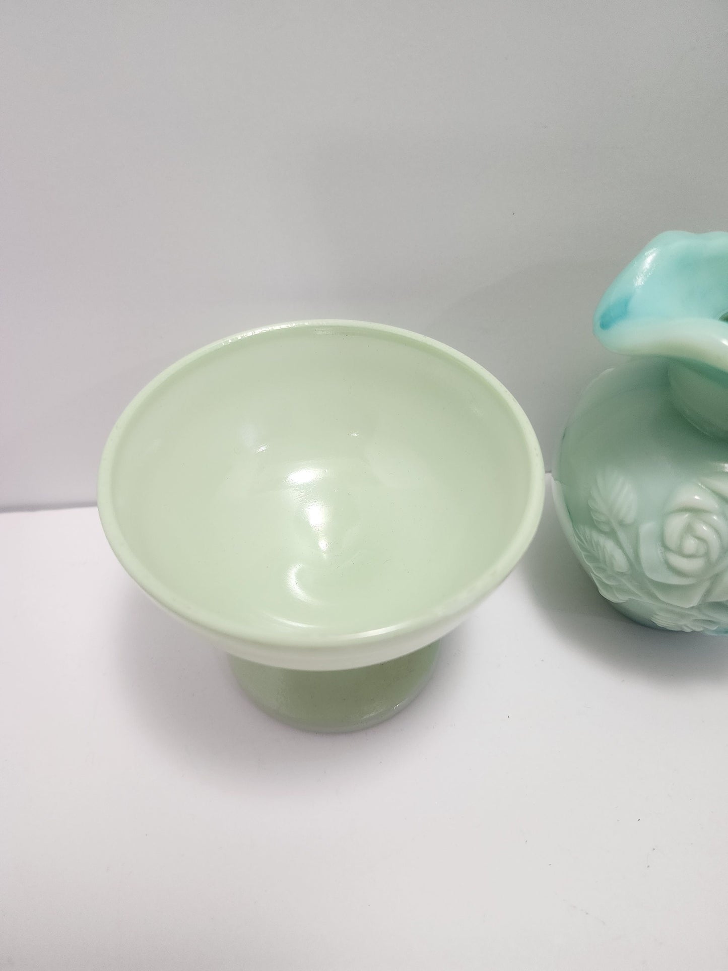 Avon Vintage Bath Oil Jug and Glass Dish Hazel Custard Dish - Vintage Glass - Dish - Avon - Bath Oil - Accent - Jugs - Vintage Glassware!