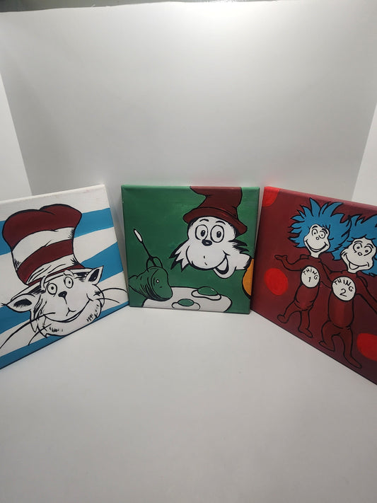 Dr Suess Cat In The Hat Handpainted Canvas Wall Hangings - Dr Suess - Cat In The Hat - Green Egg and Ham - Hand Painted - Paintings