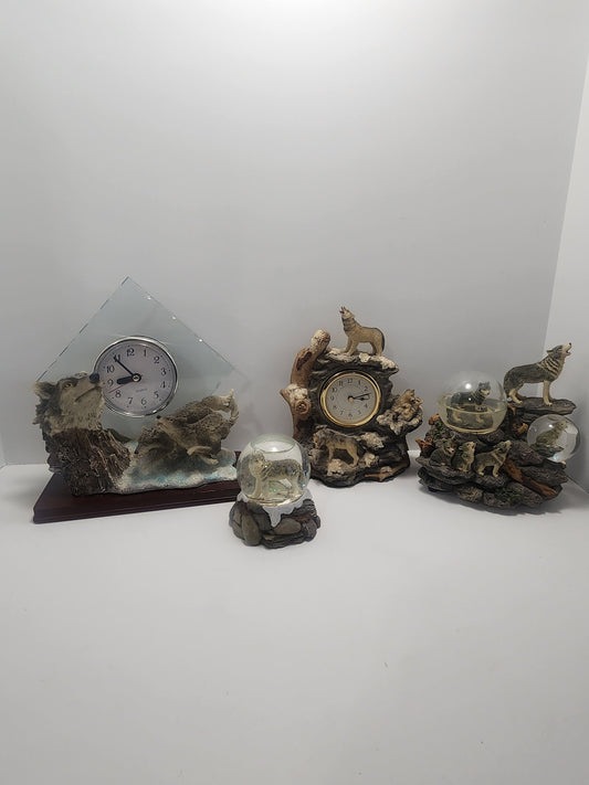 Vintage Wolf Decor Clocks and Snow Globes - Wolf Figurines - Wolves - Snow Globes - Clocks - Vintage Clocks