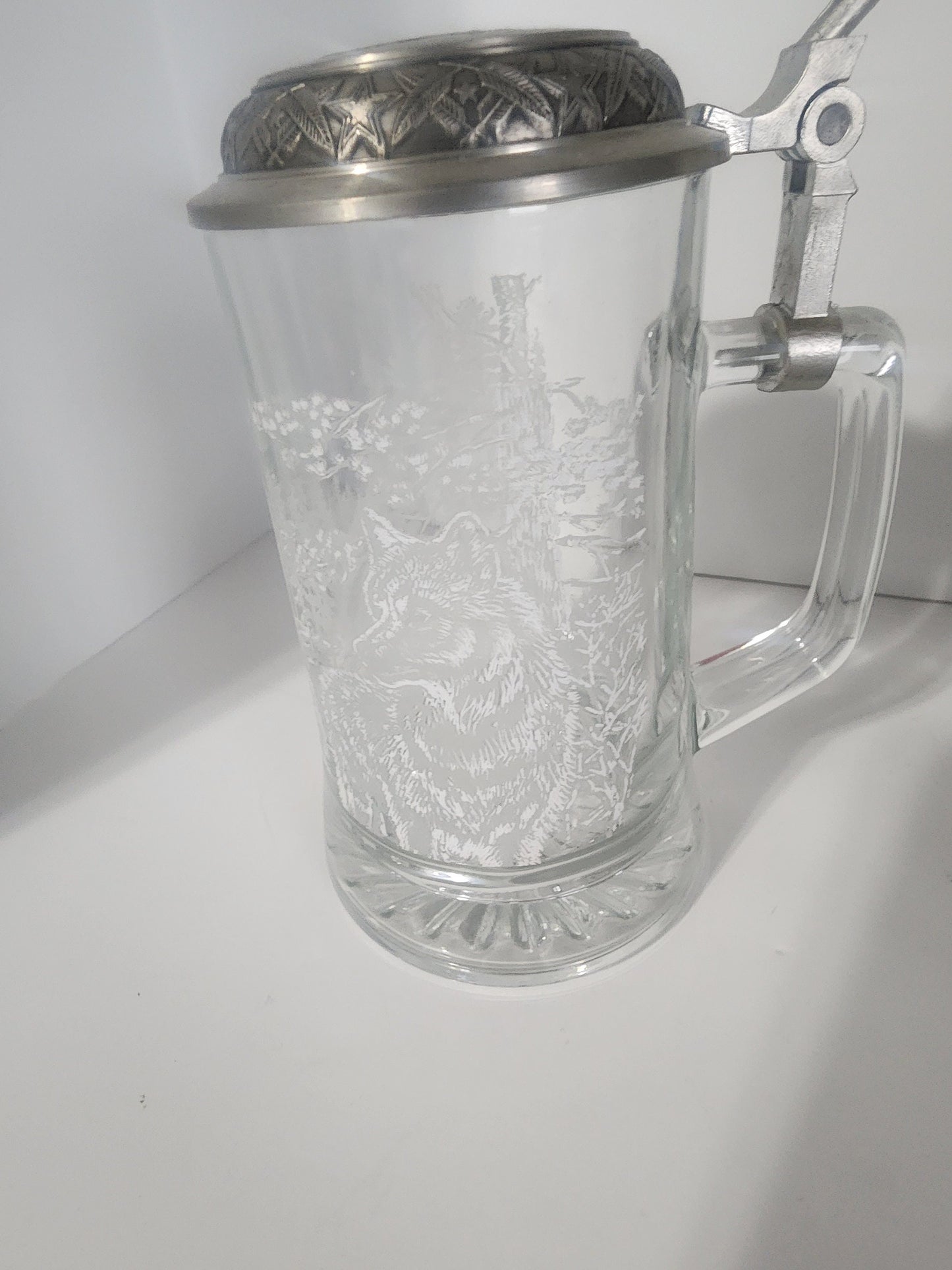 Wolf Beer Steins - Budweiser Beer Stein - Etched German Beer Stein with Pewter Lid