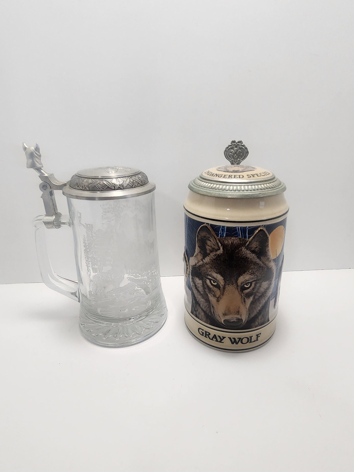 Wolf Beer Steins - Budweiser Beer Stein - Etched German Beer Stein with Pewter Lid