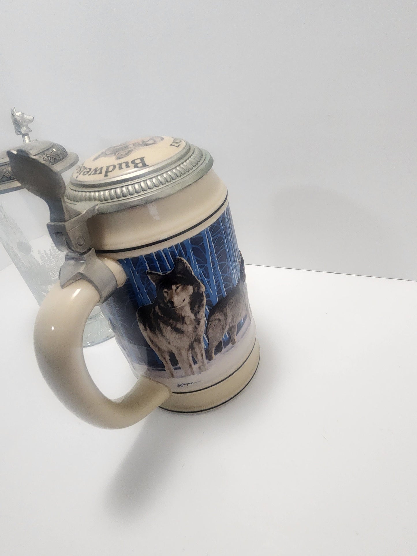 Wolf Beer Steins - Budweiser Beer Stein - Etched German Beer Stein with Pewter Lid