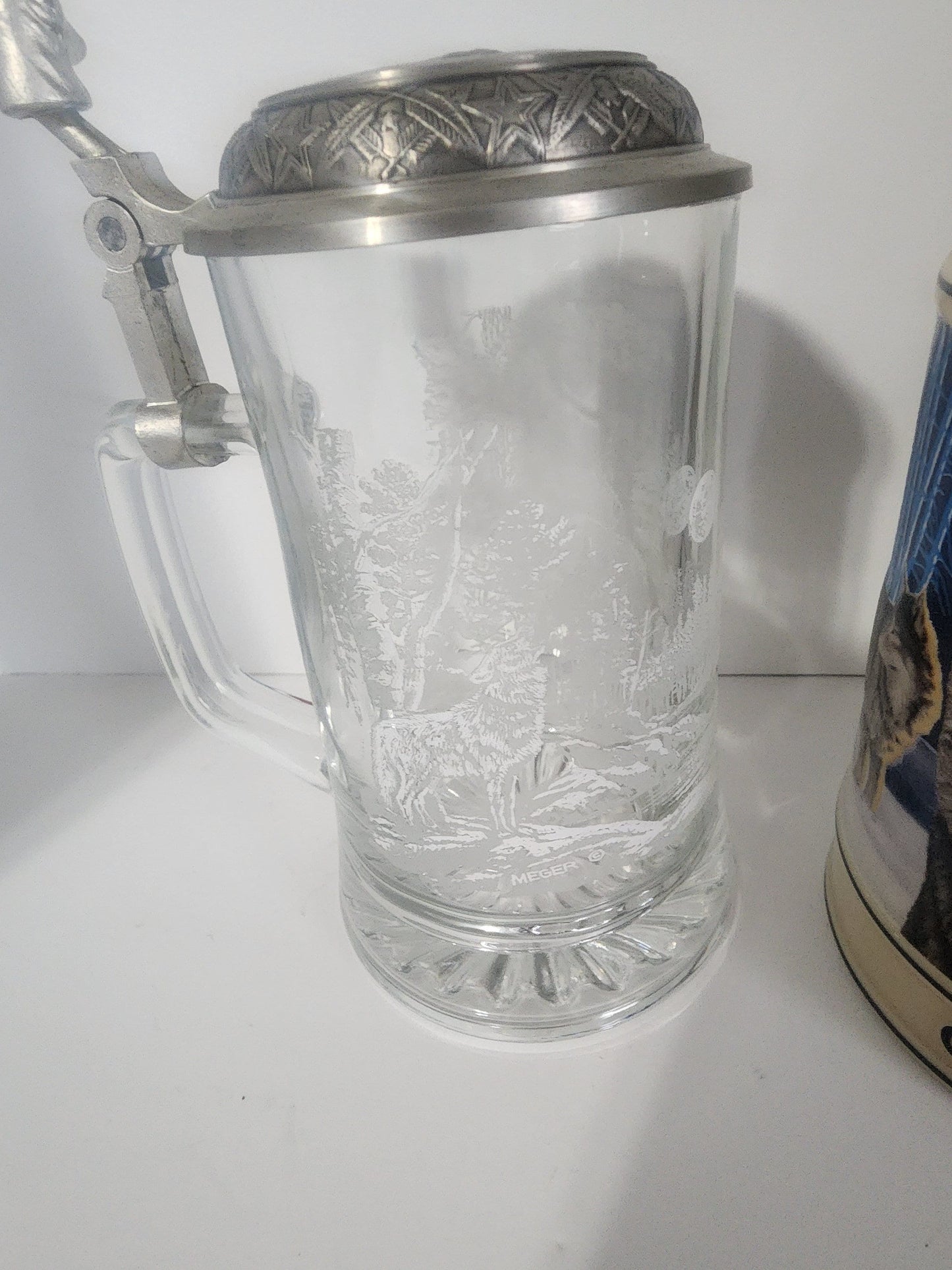 Wolf Beer Steins - Budweiser Beer Stein - Etched German Beer Stein with Pewter Lid