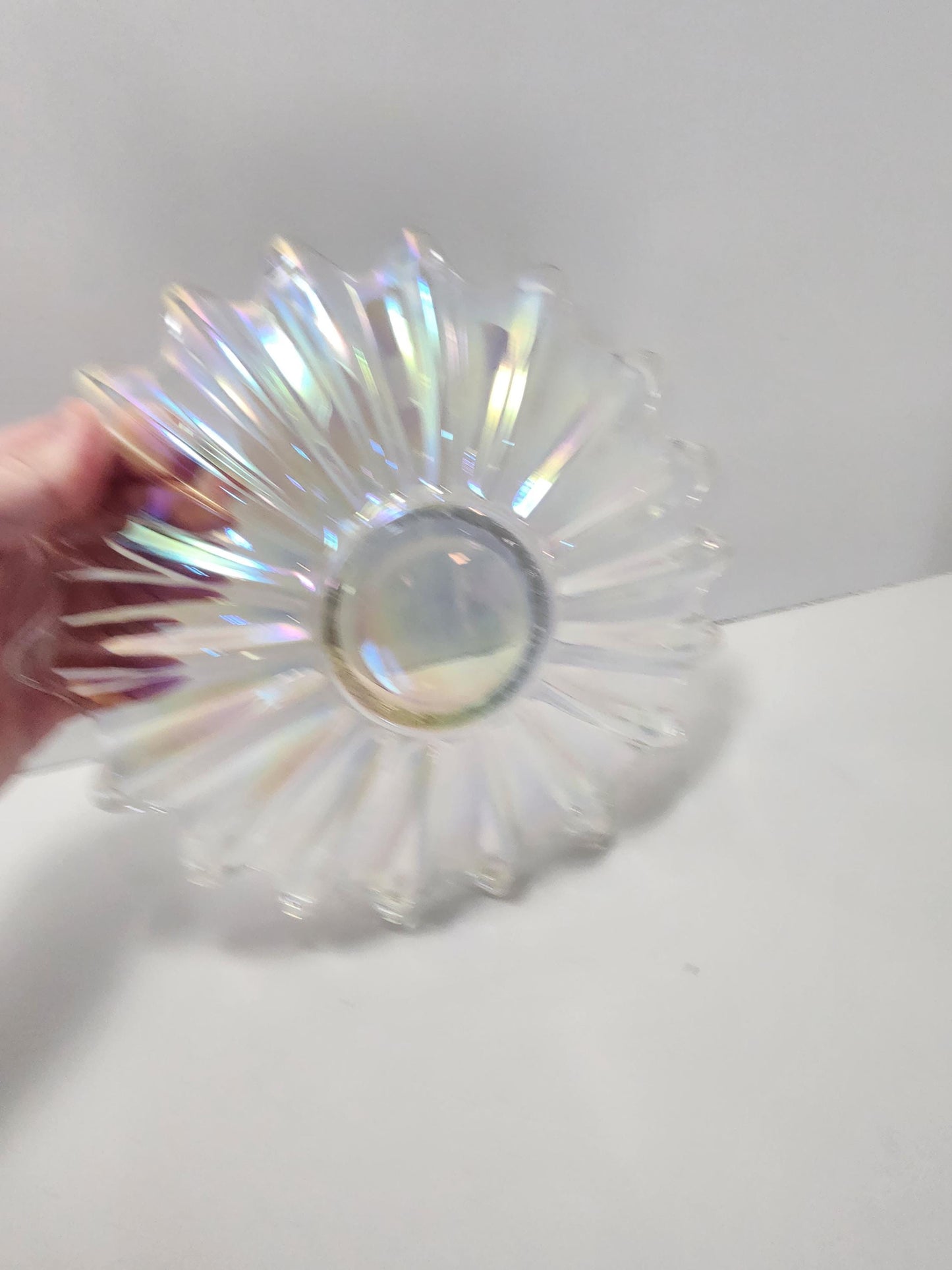 Vintage Federal Carnival Glass Iridescent Celestial Bowl Ribbed Flower Petal 1950's 11" - Carnival Glass - Federal Glass - Iridescent