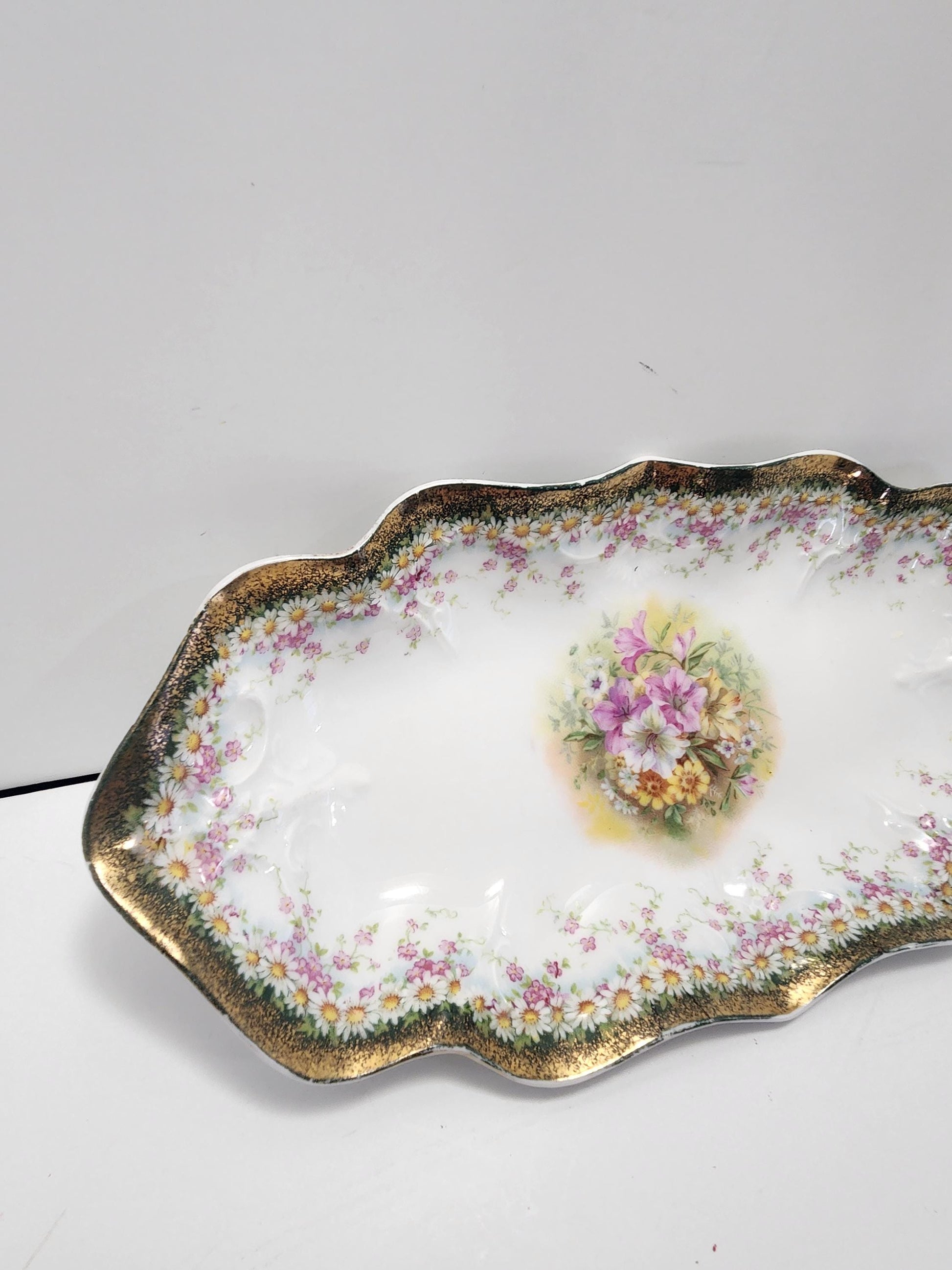 Carl Tielsch 12" Vintage CT Germany Oval Serving Dish, Floral Gold Accents - Germany - Serving Trays - Germany Dinnerware - Vintage Kitchen