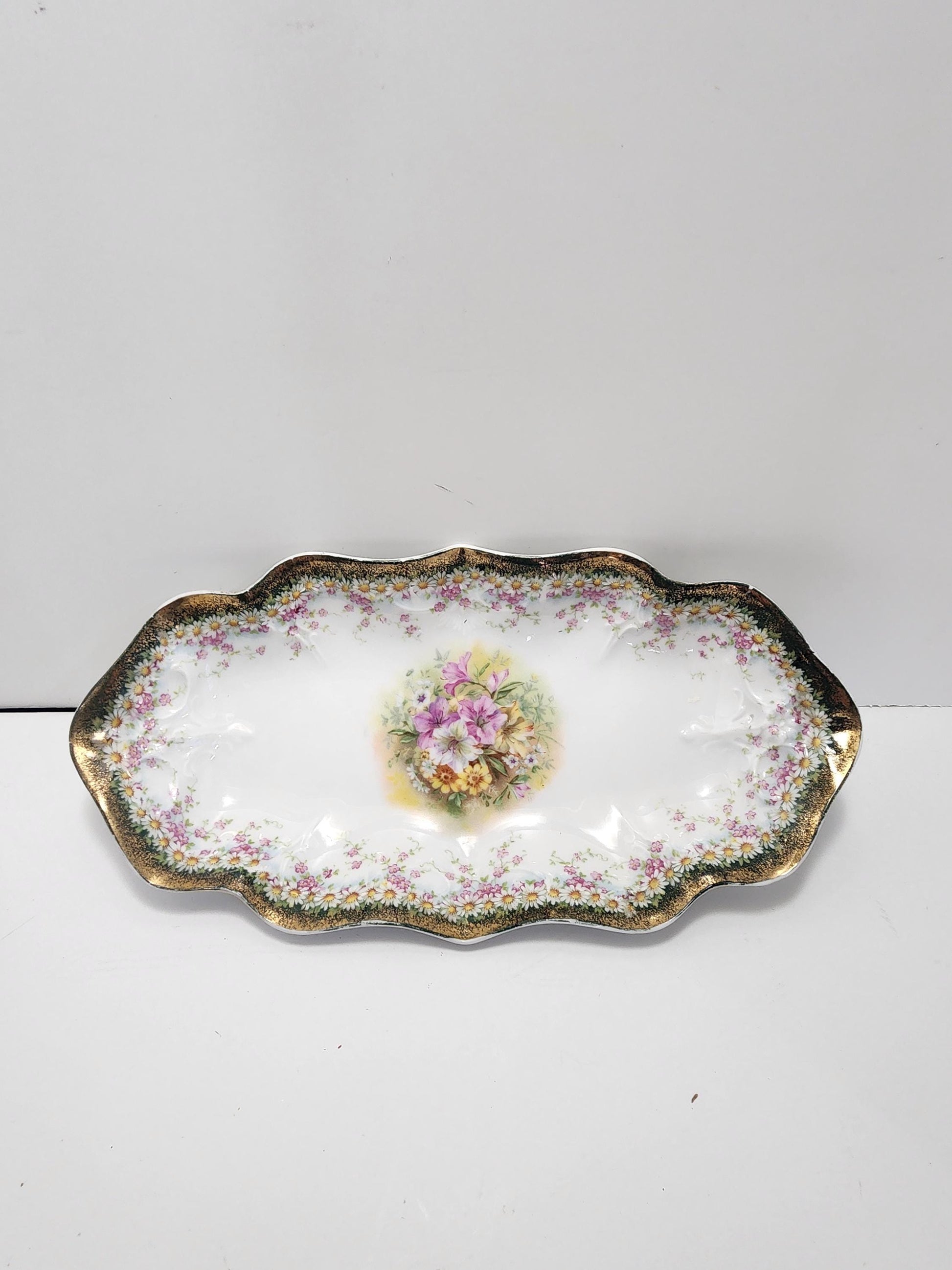 Carl Tielsch 12" Vintage CT Germany Oval Serving Dish, Floral Gold Accents - Germany - Serving Trays - Germany Dinnerware - Vintage Kitchen