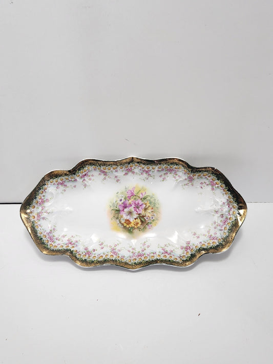 Carl Tielsch 12" Vintage CT Germany Oval Serving Dish, Floral Gold Accents - Germany - Serving Trays - Germany Dinnerware - Vintage Kitchen