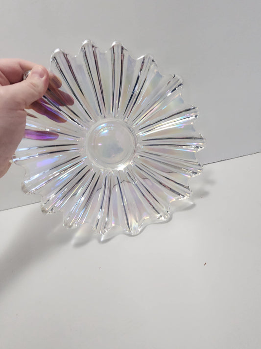 Vintage Federal Carnival Glass Iridescent Celestial Bowl Ribbed Flower Petal 1950's 11" - Carnival Glass - Federal Glass - Iridescent