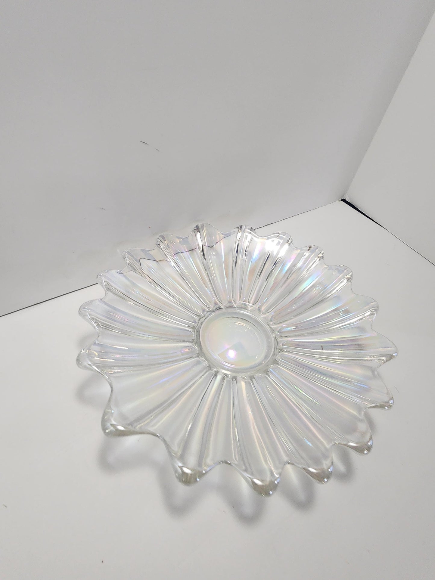 Vintage Federal Carnival Glass Iridescent Celestial Bowl Ribbed Flower Petal 1950's 11" - Carnival Glass - Federal Glass - Iridescent