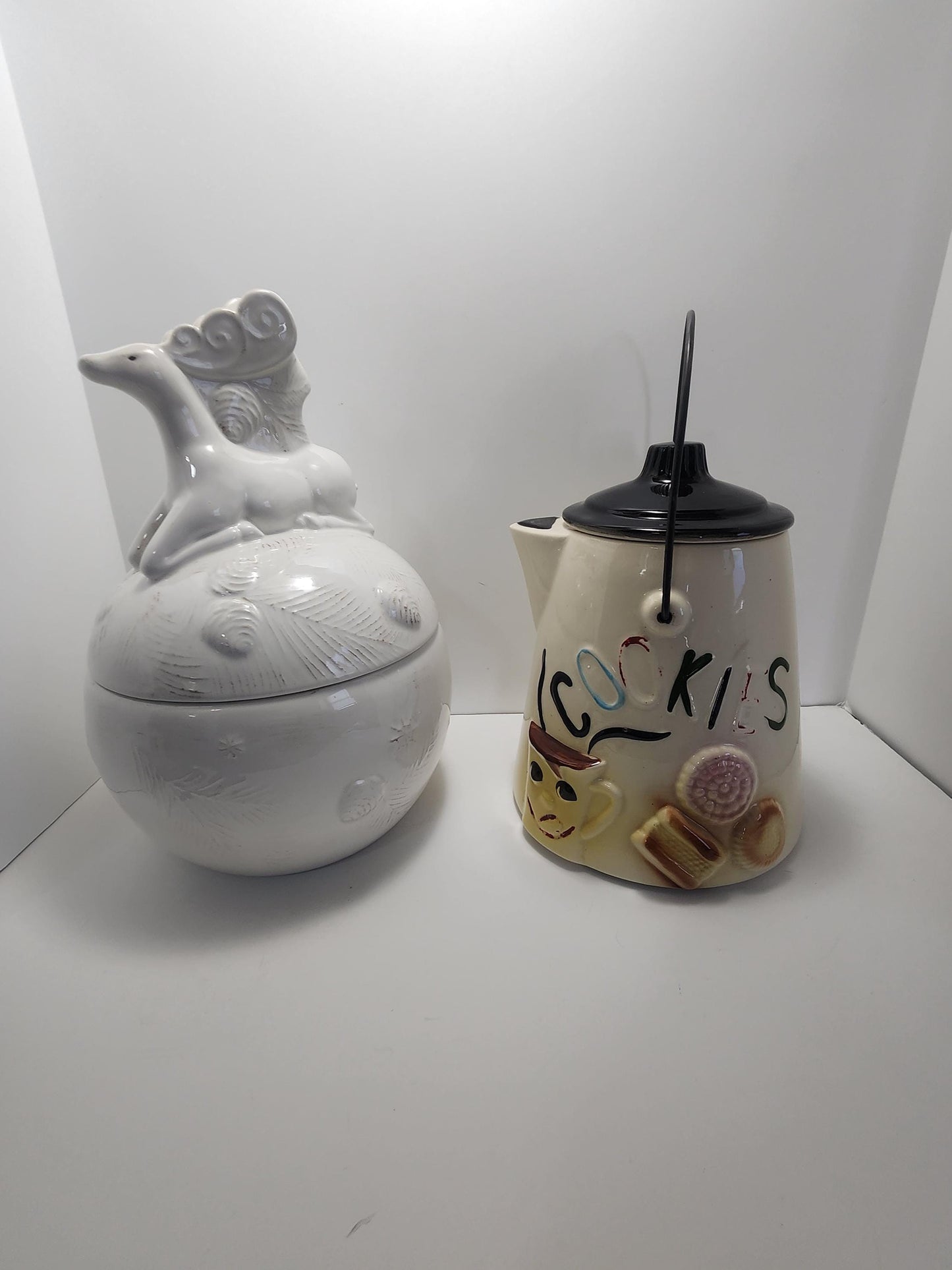 Vintage 1980s Woolrich and Bisque Ceramic Cookie Jars - Cookies - Cookie Jars - Bisque - Woolrich - Unicorn - Horses - Kitchen - Baking