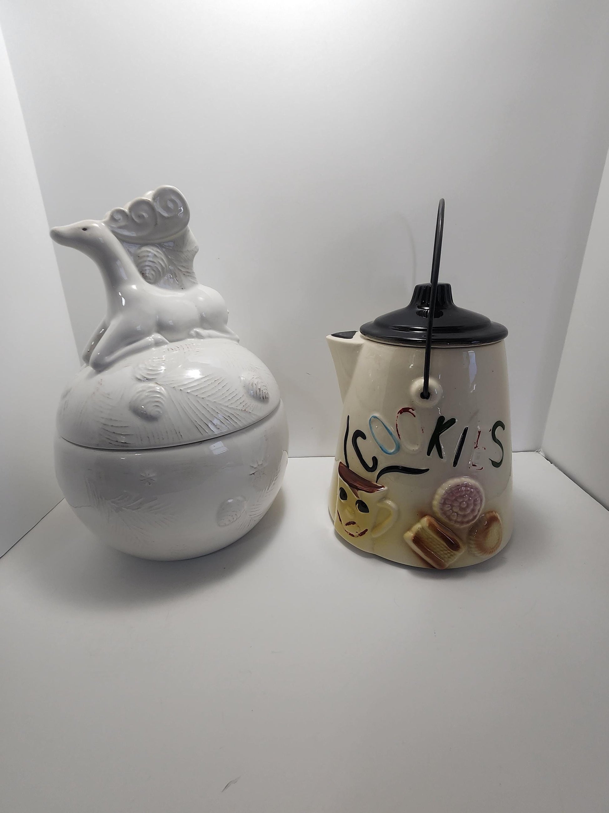 Vintage 1980s Woolrich and Bisque Ceramic Cookie Jars - Cookies - Cookie Jars - Bisque - Woolrich - Unicorn - Horses - Kitchen - Baking