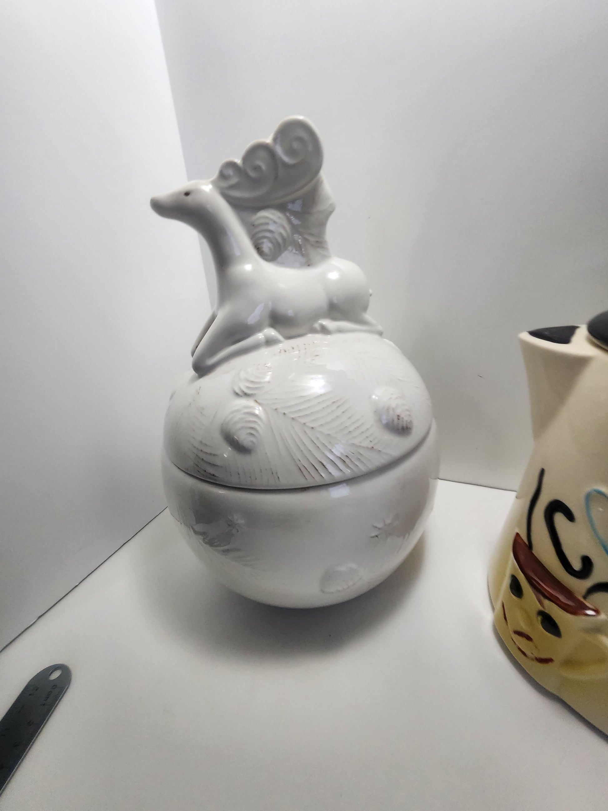 Vintage 1980s Woolrich and Bisque Ceramic Cookie Jars - Cookies - Cookie Jars - Bisque - Woolrich - Unicorn - Horses - Kitchen - Baking