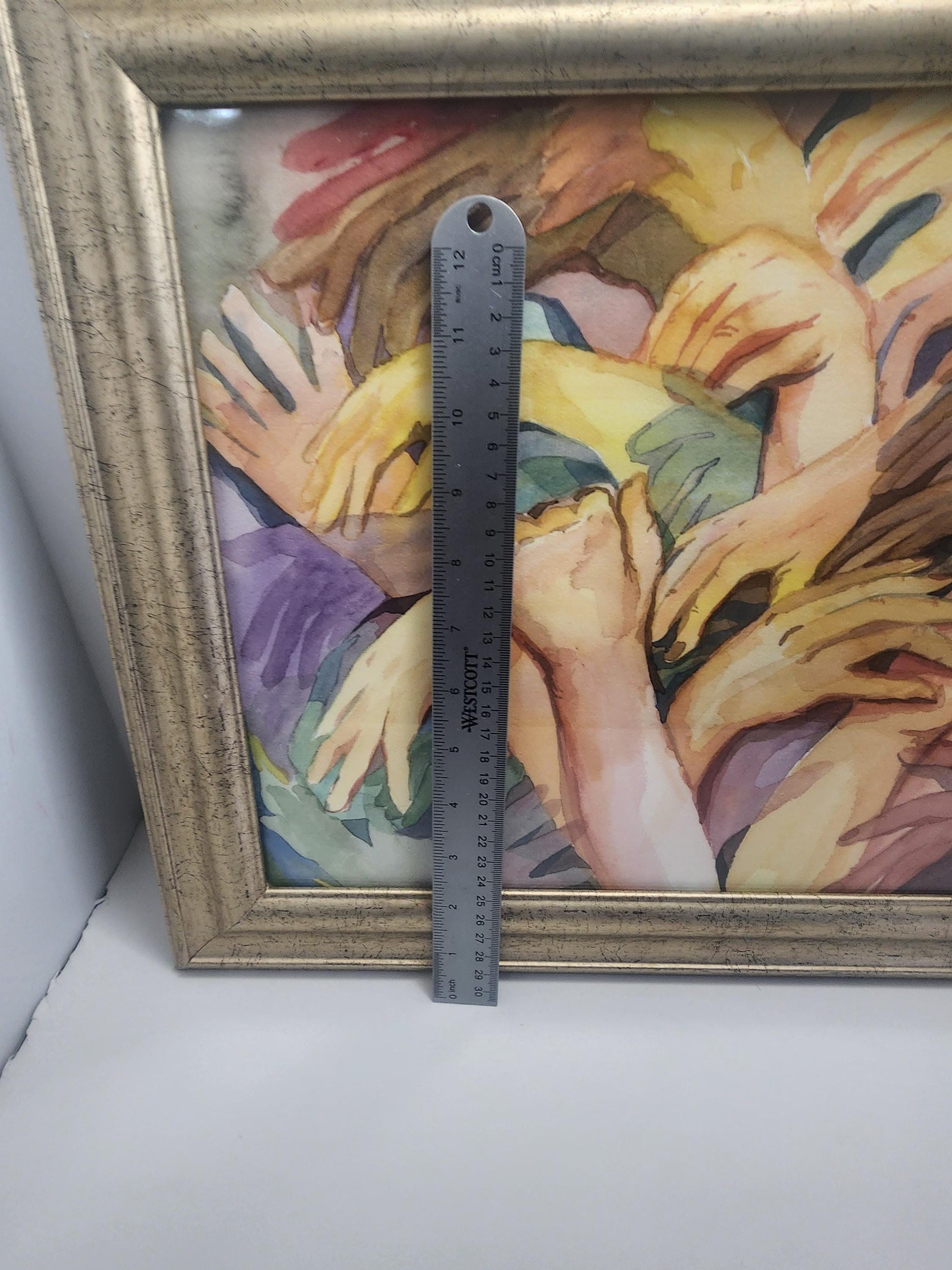 Mid Century Hands Over Hands Painting in Golden Colored Vintage Frame - Framed Art - Art - Hands - Hands Paintings - Paintings - Mid-century