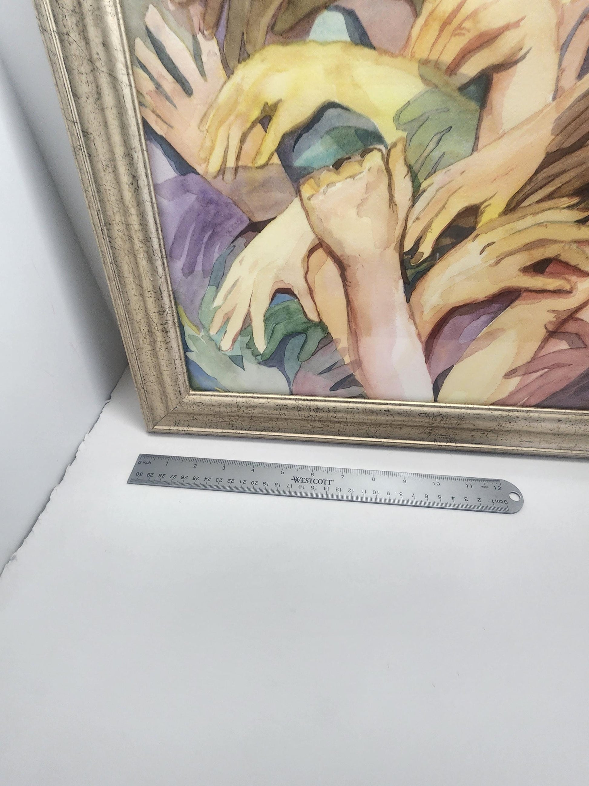 Mid Century Hands Over Hands Painting in Golden Colored Vintage Frame - Framed Art - Art - Hands - Hands Paintings - Paintings - Mid-century