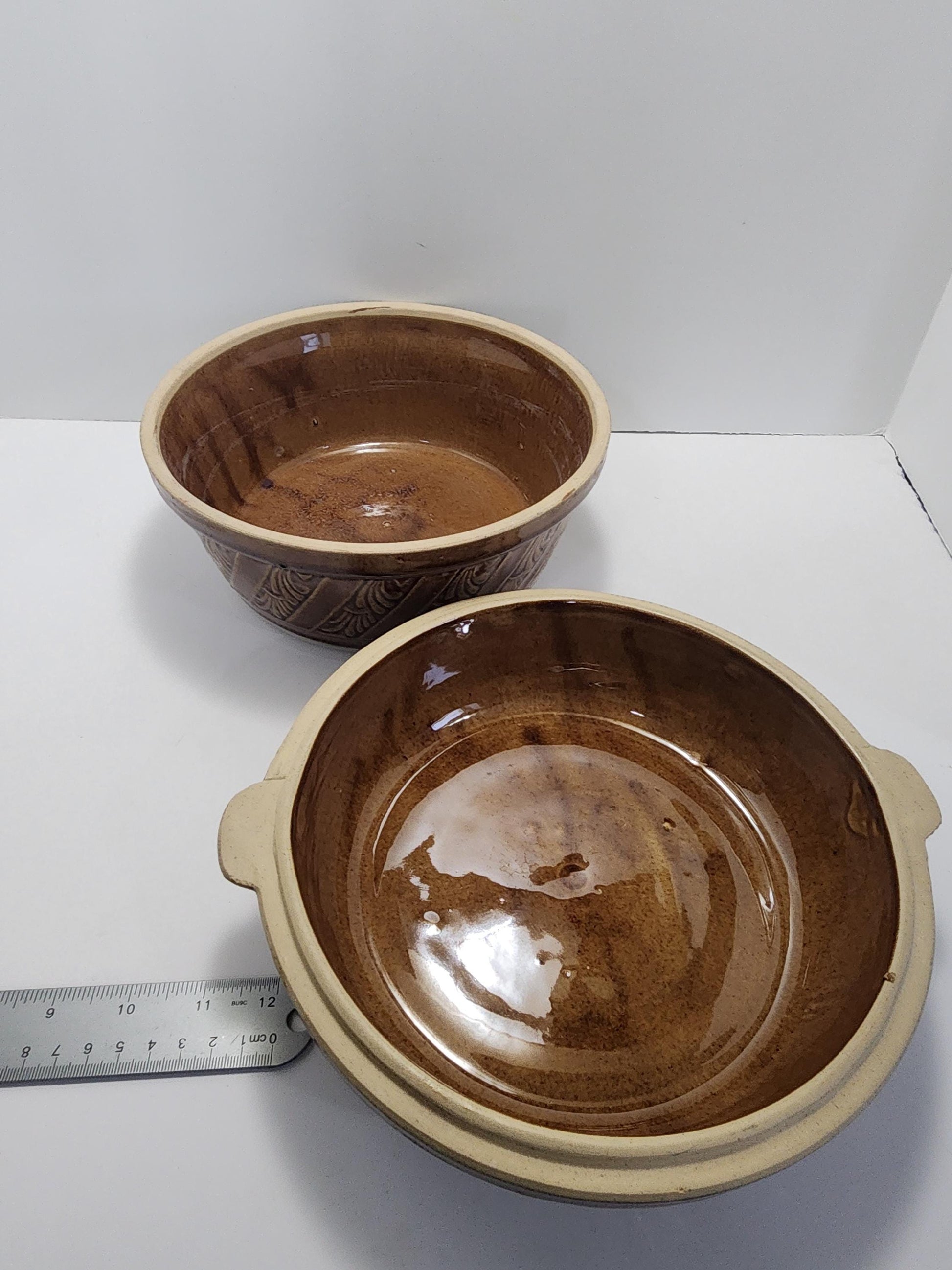 Vintage 9” USA Covered Stoneware Dough Mixing Bowl or Casserole Dish - Stoneware - Vintage Stoneware - Casserole Dish - Mixing Bowl - Bowls