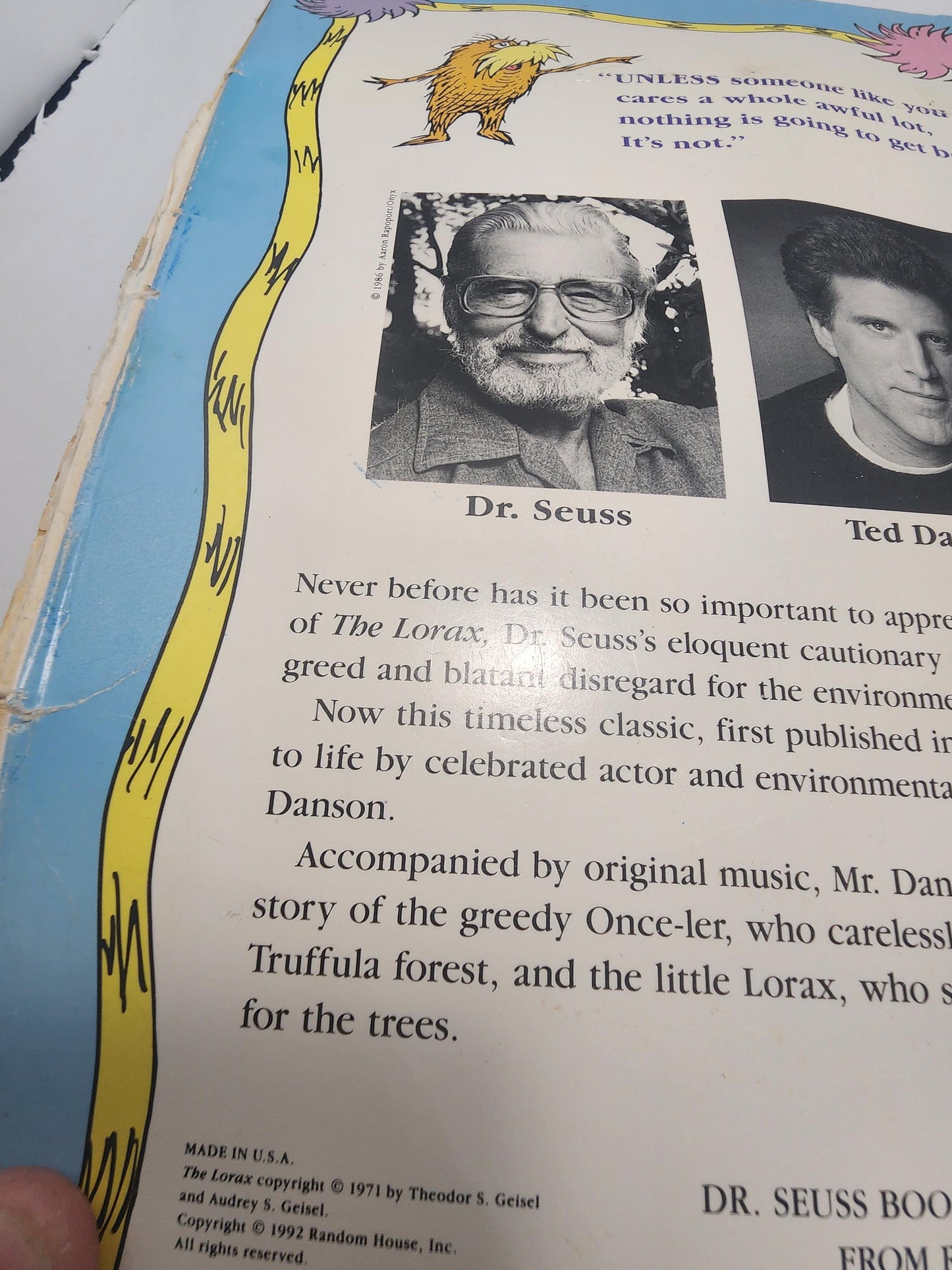 Dr Seuss 1992 The Lorax Random House Vintage Book with Tape - The Lorax - Dr Seuss - Books - Children's Books - Casette Tapes - Read Along