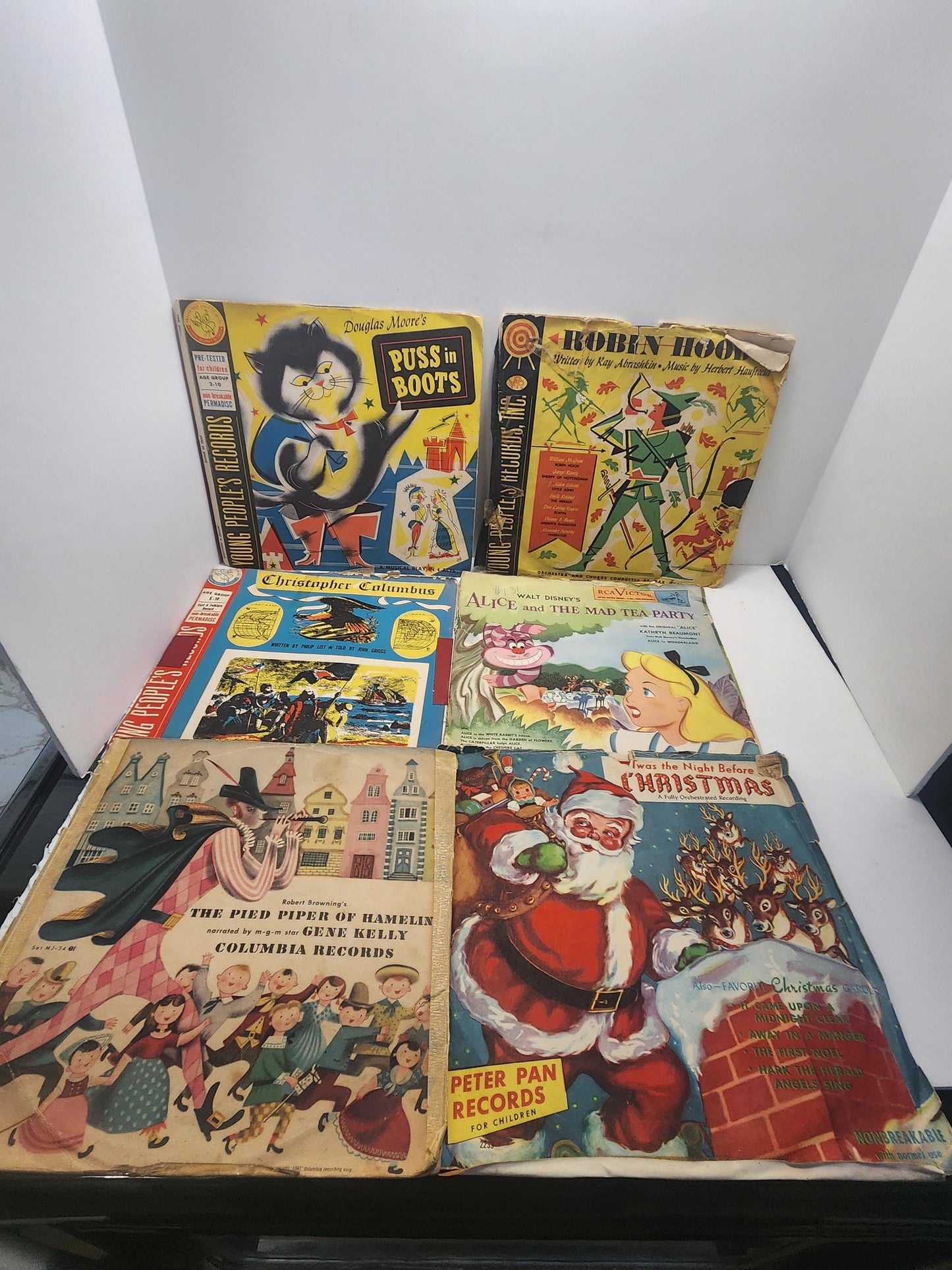 1950s LPs Vinyl Records Kids Stories - Robin Hood - Christmas - Puss In Boots - Alice In Wonderland - Christopher Columbus - Pied Piper