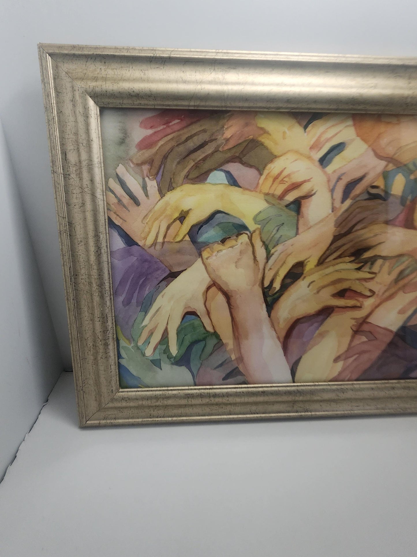 Mid Century Hands Over Hands Painting in Golden Colored Vintage Frame - Framed Art - Art - Hands - Hands Paintings - Paintings - Mid-century