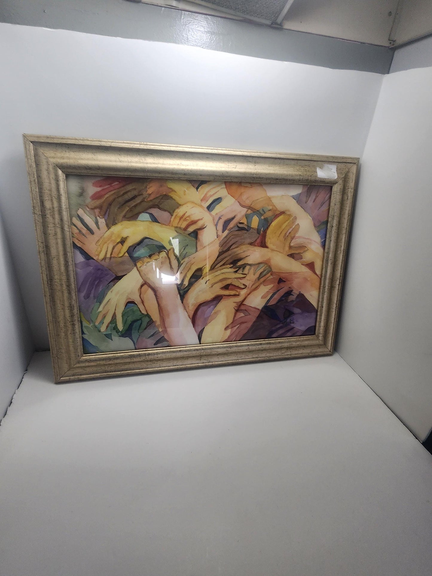 Mid Century Hands Over Hands Painting in Golden Colored Vintage Frame - Framed Art - Art - Hands - Hands Paintings - Paintings - Mid-century