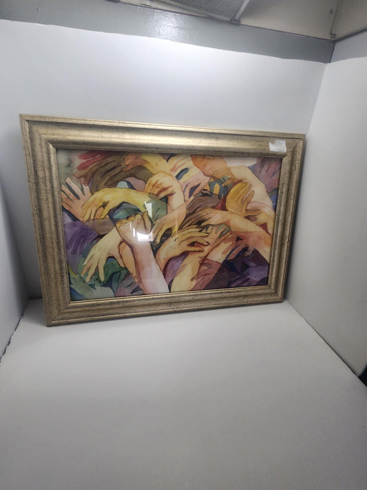 Mid Century Hands Over Hands Painting in Golden Colored Vintage Frame - Framed Art - Art - Hands - Hands Paintings - Paintings - Mid-century