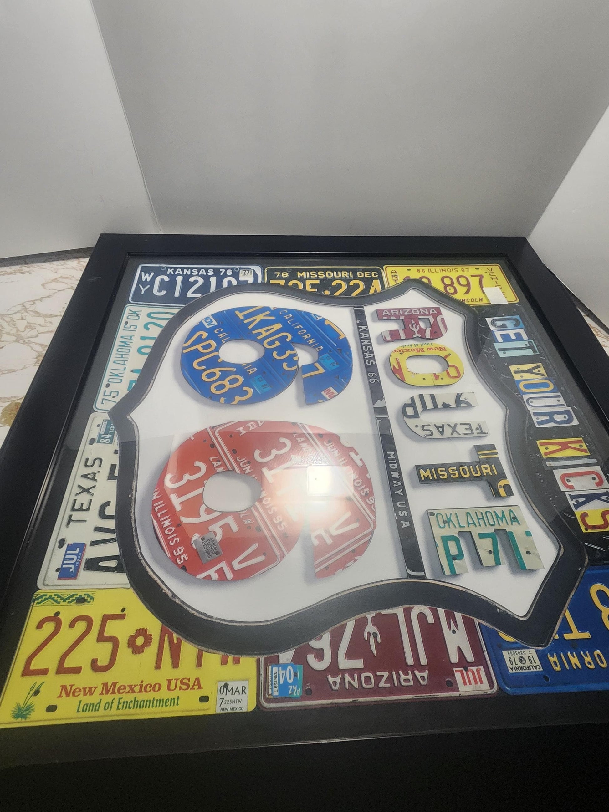 Aaron Foster World Market Route 66 Framed License Plates Art Decor - Pictures - Picture Framed - Garage - Man Cave - Route 66 - License Plat